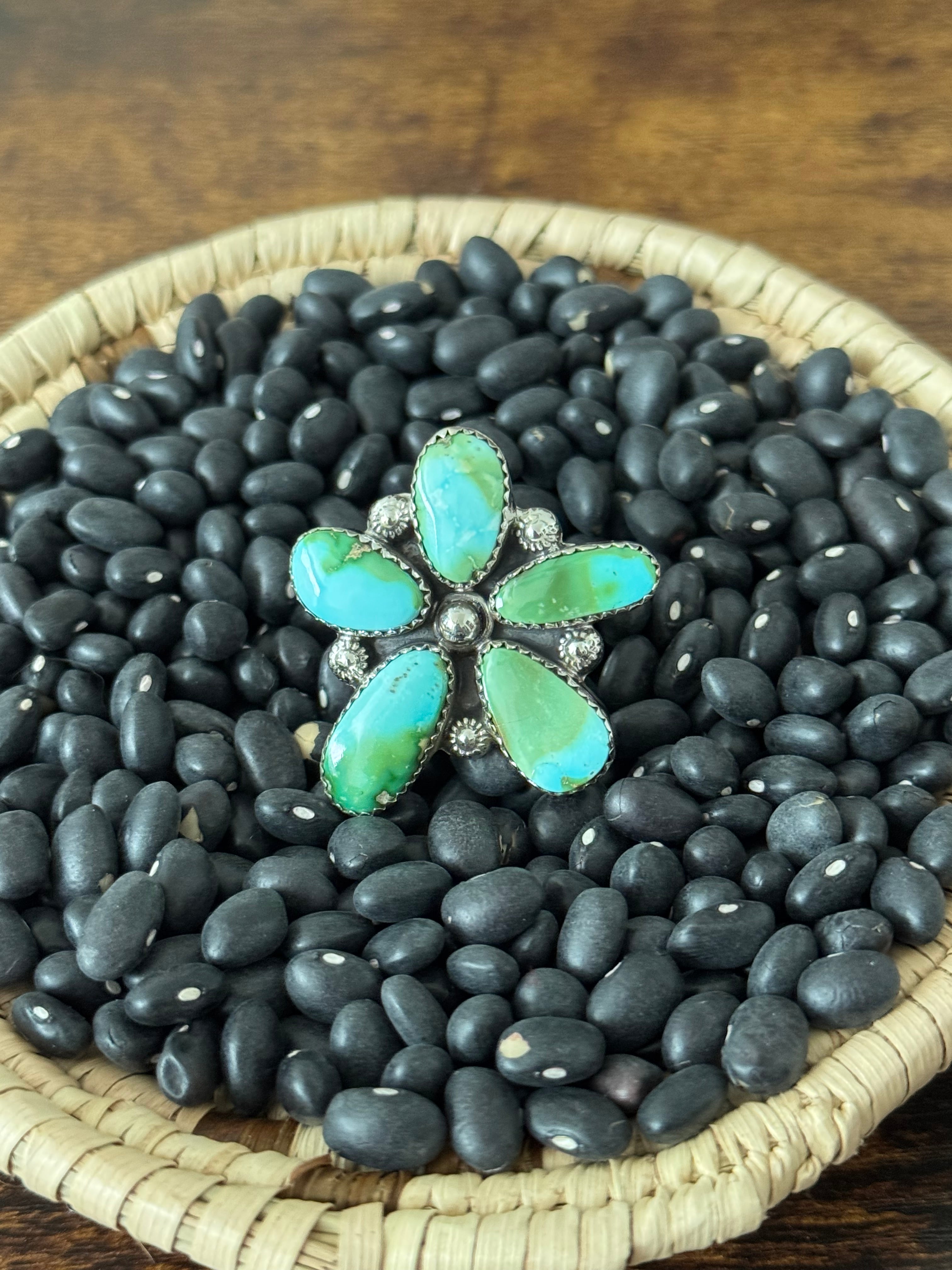 Southwest Handmade Sonoran Mountain Turquoise & Sterling Silver Adjustable Cluster Ring