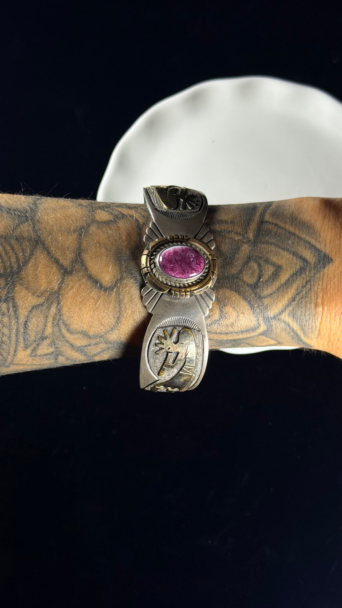 Old Pawn Lorenzo James Purple Spiny Oyster & 12K Gold Filled & Sterling Silver Cuff Bracelet