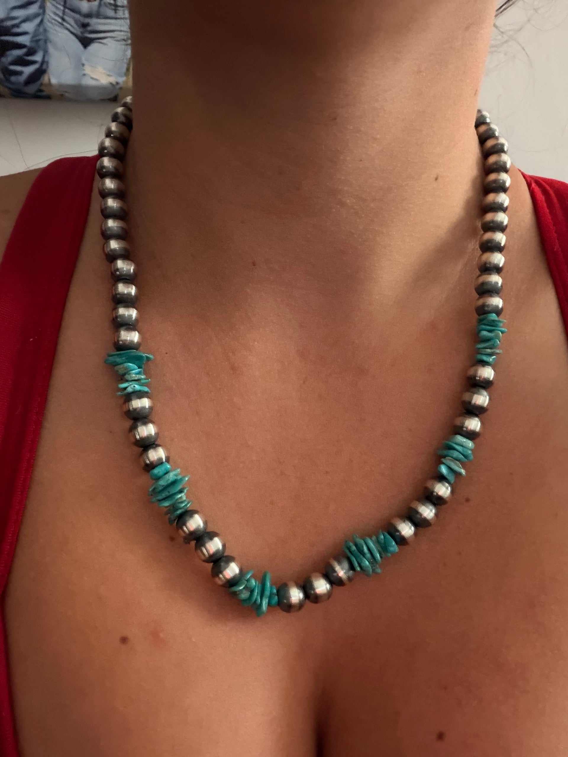 Navajo Strung Campitos Turquoise & Sterling Silver Pearl Necklace