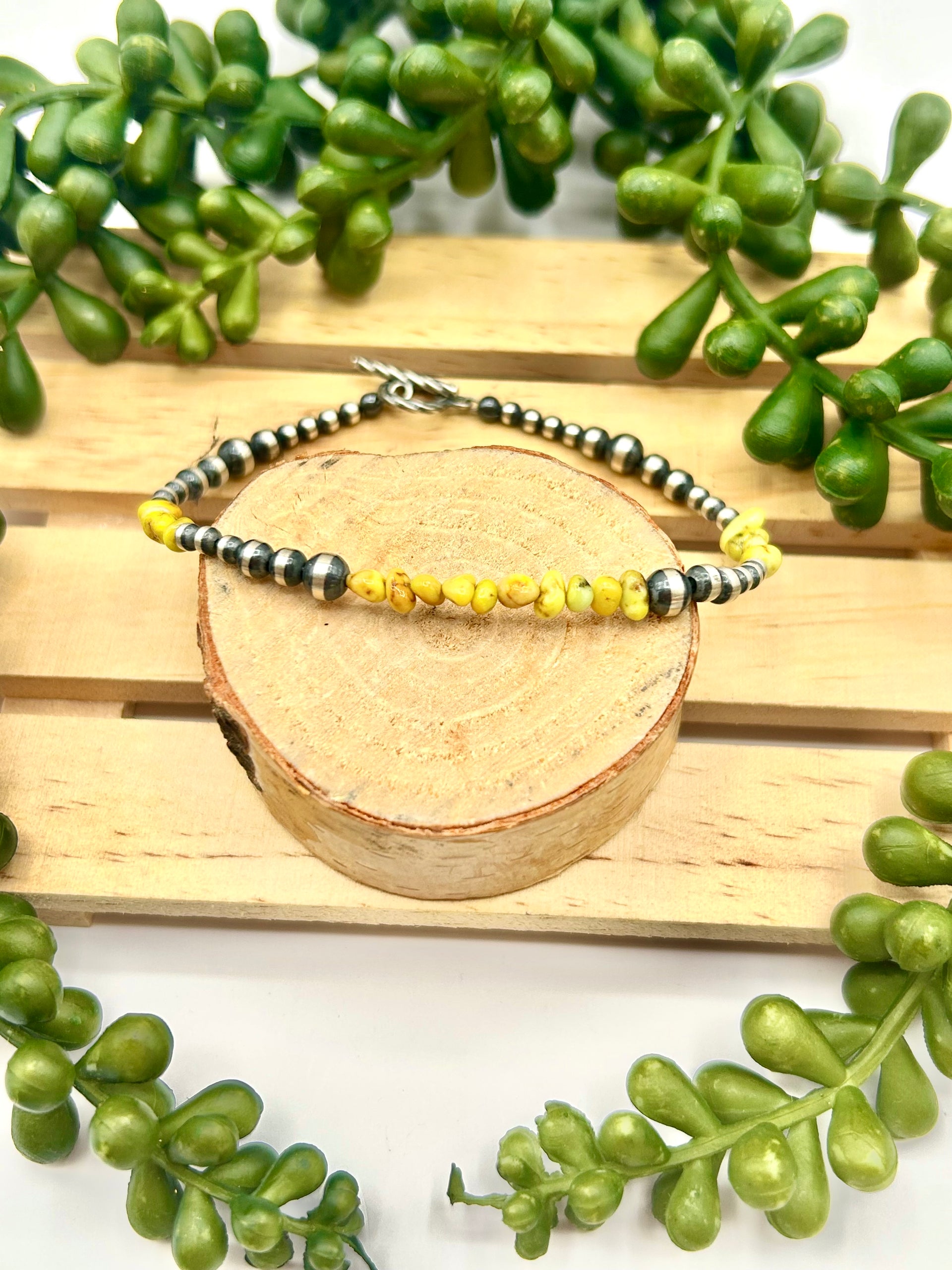 Navajo Made Strung Palomino Variscite & Sterling Silver Link Bracelet