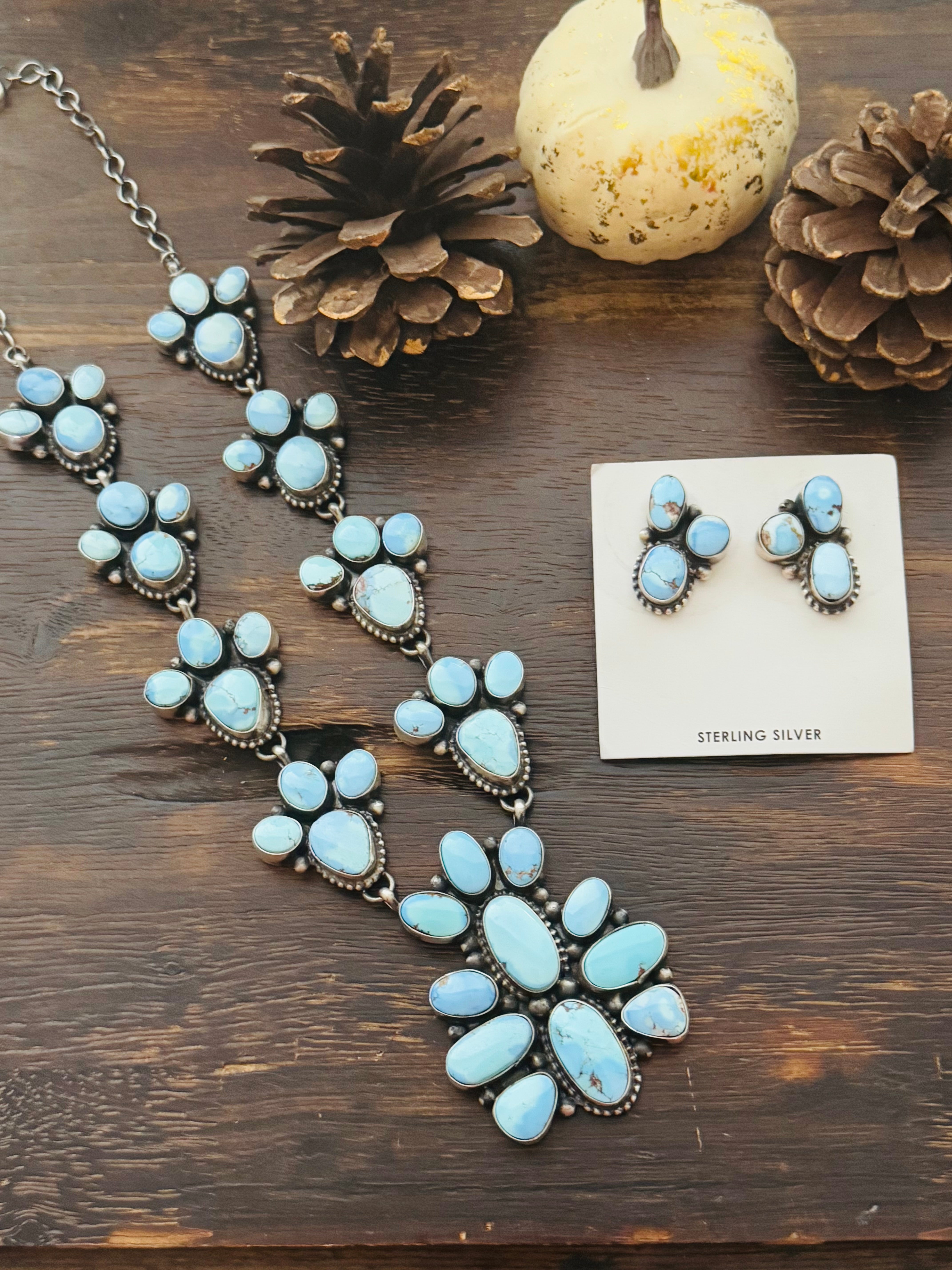 Navajo Made Golden Hills Turquoise & Sterling Silver Cluster Necklace Set