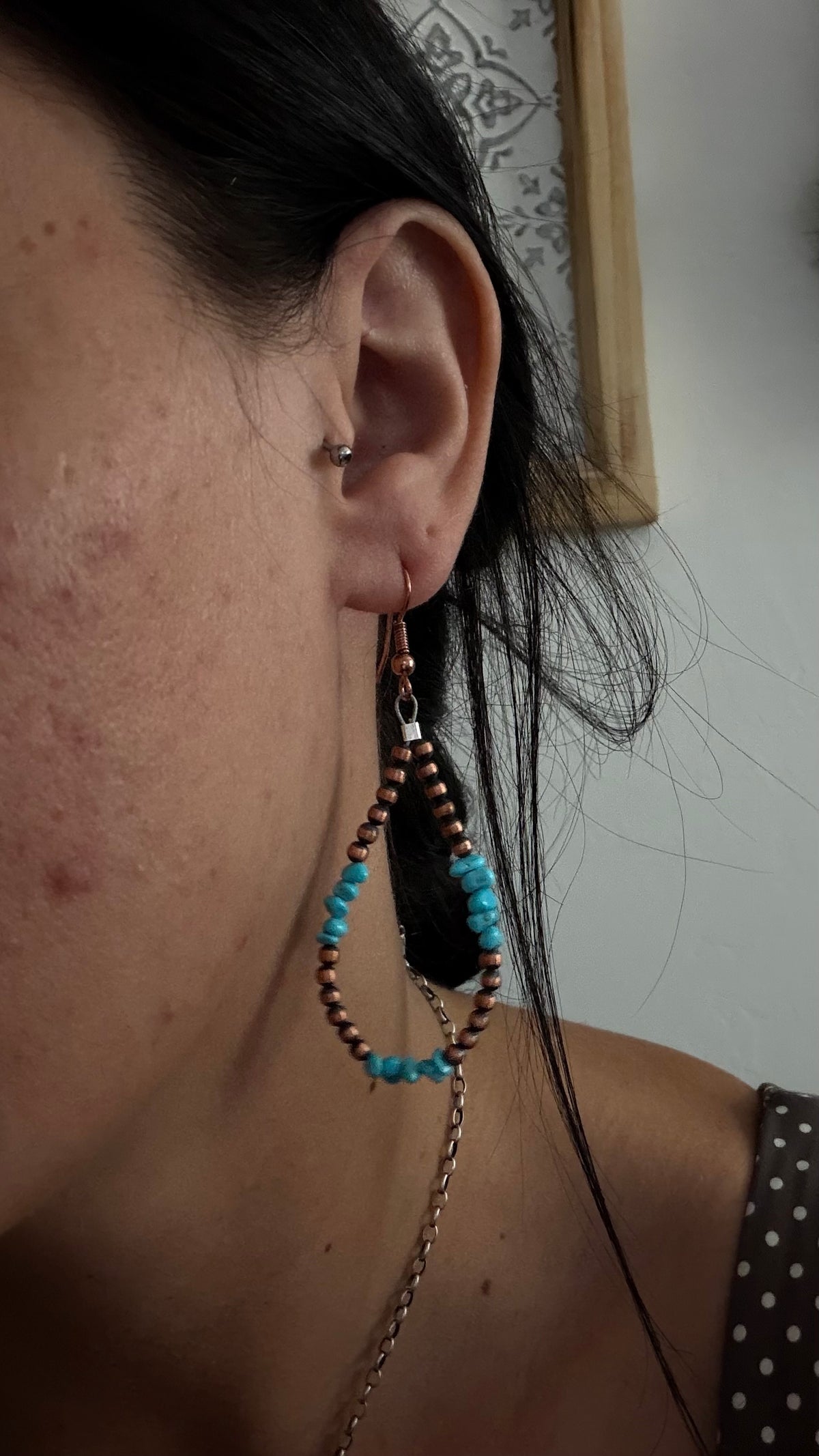 Navajo Strung Kingman Turquoise & Copper Machine Made Pearl Dangle Earrings
