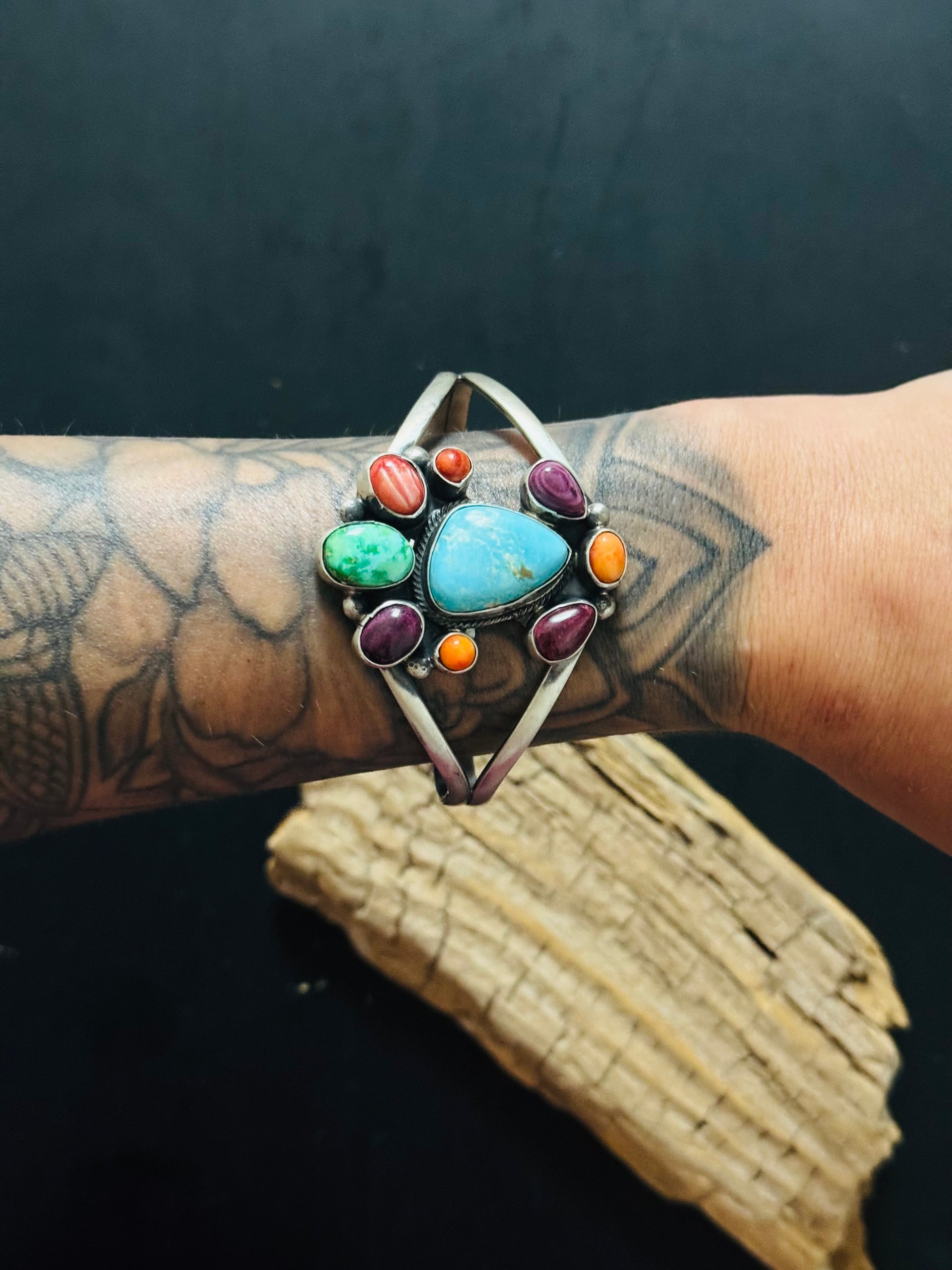 Bobby Johnson Multi Stone & Sterling Silver Cluster Cuff Bracelet