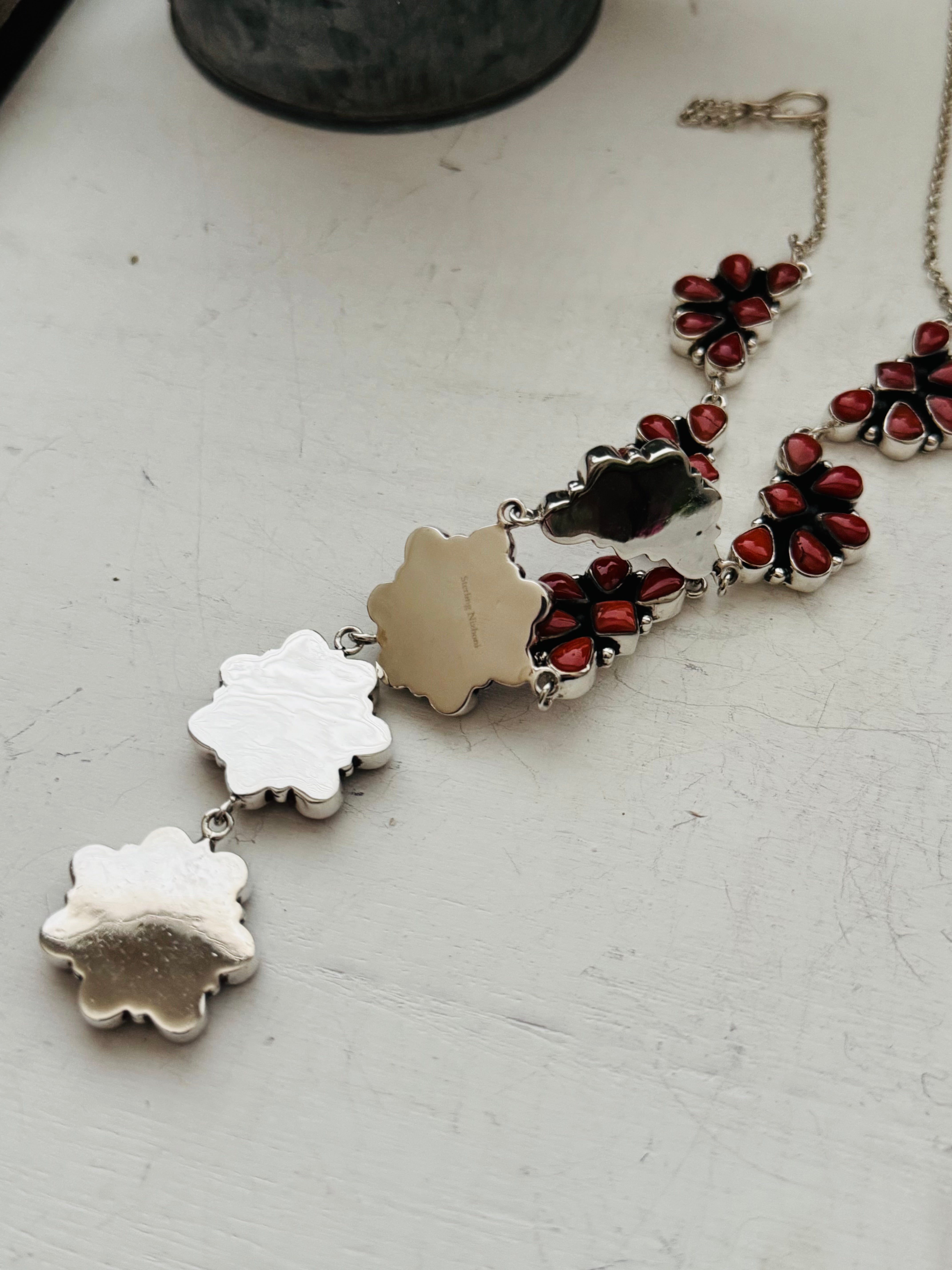 Southwest Handmade Coral & Sterling Silver Cluster Lariat Necklace Set