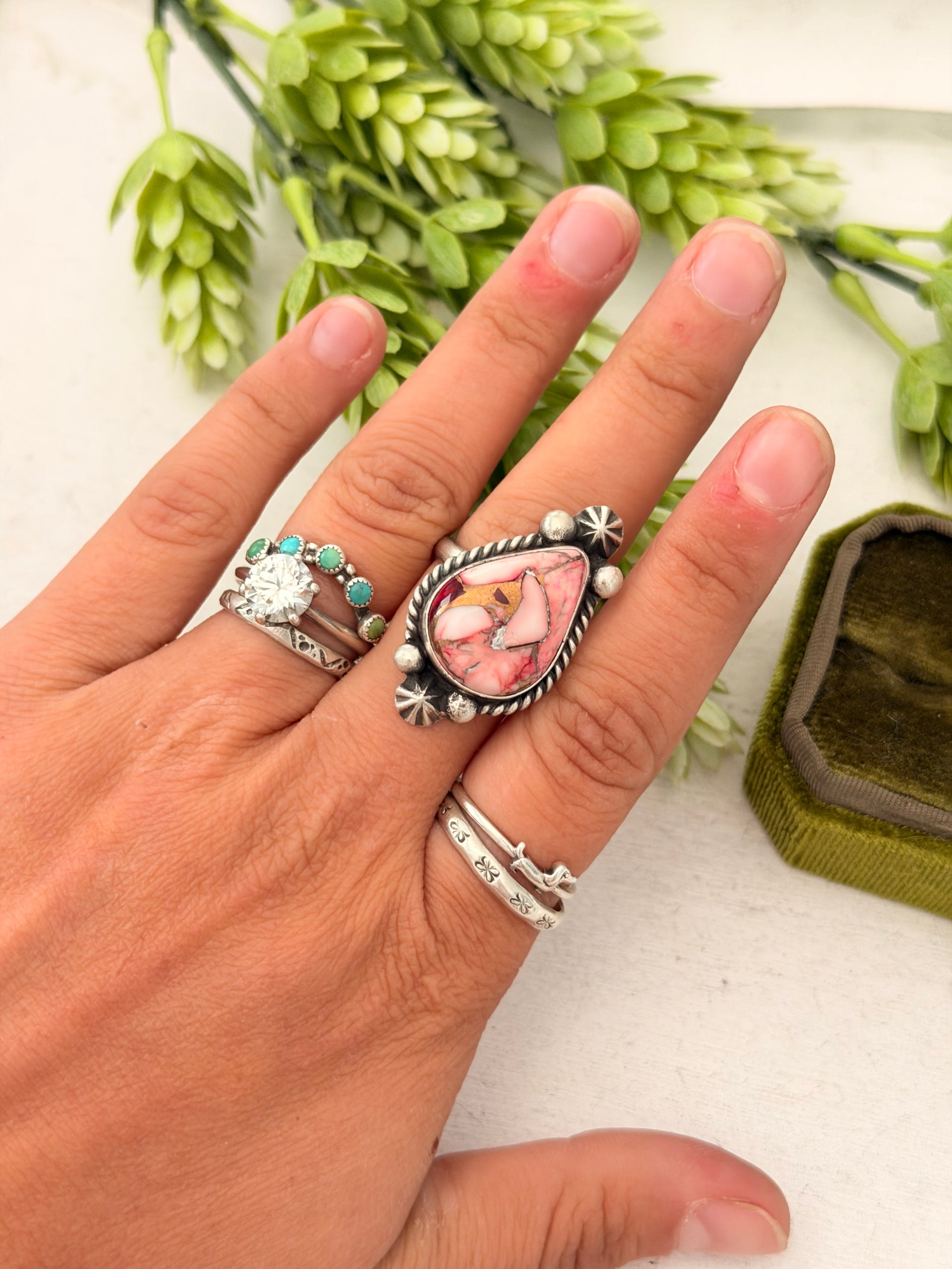 Johnny Dixon Rose Dahlia & Sterling Sliver Cluster Adjustable Ring