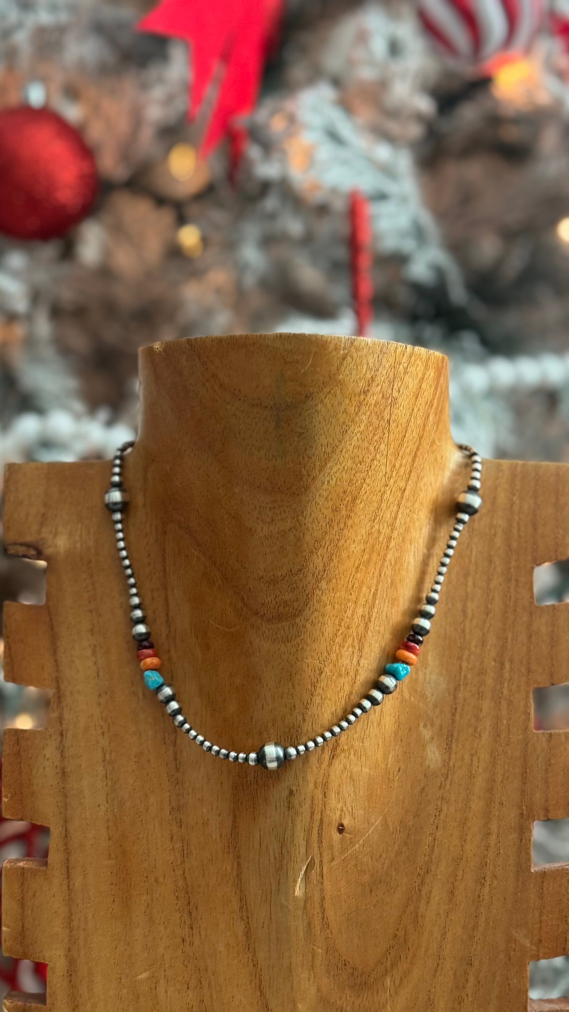Navajo Strung Multi Stone & Sterling Silver Graduated Pearl Necklace