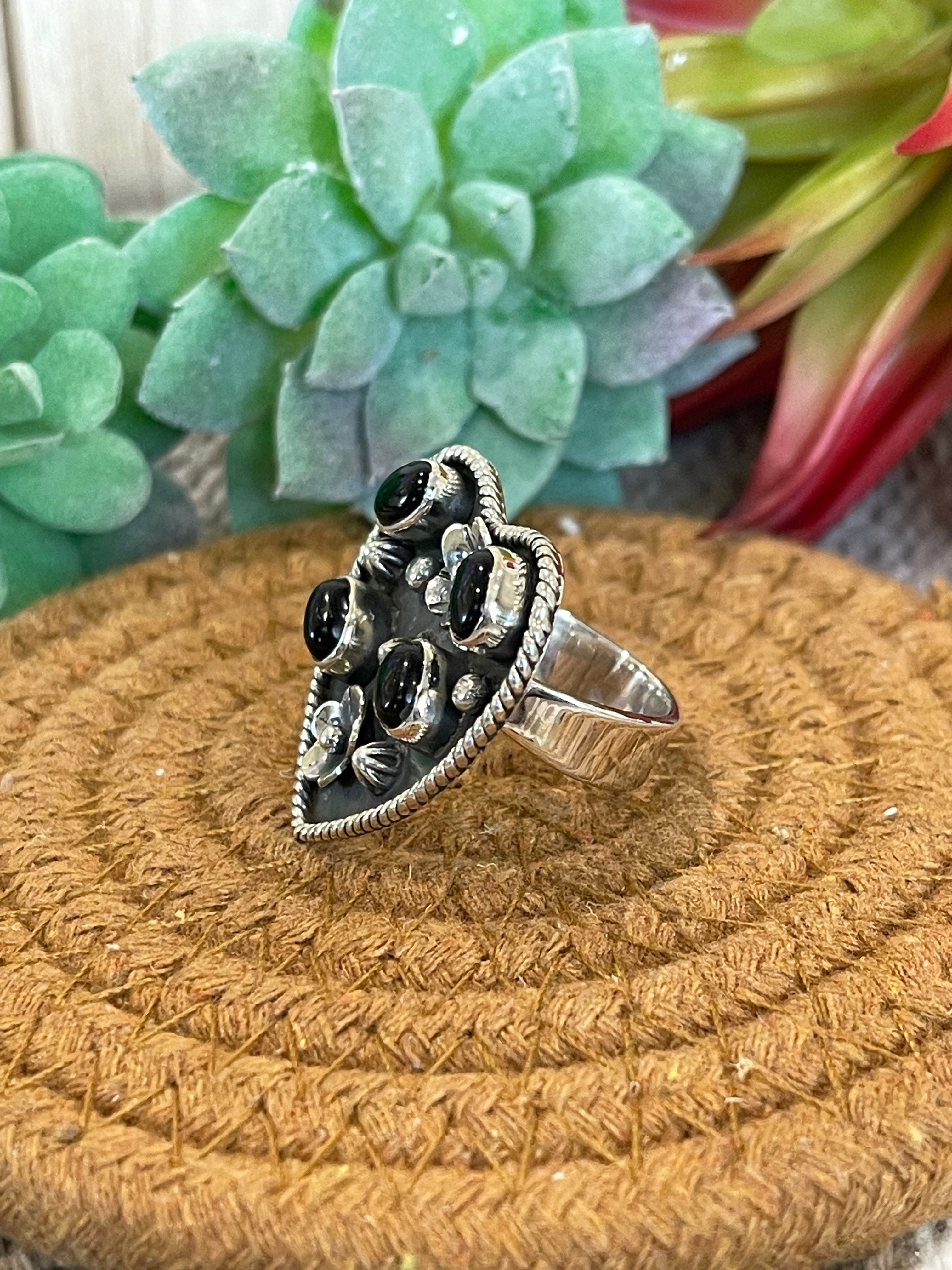 Southwest Handmade Black Onyx  & Sterling Silver Adjustable Heart Ring