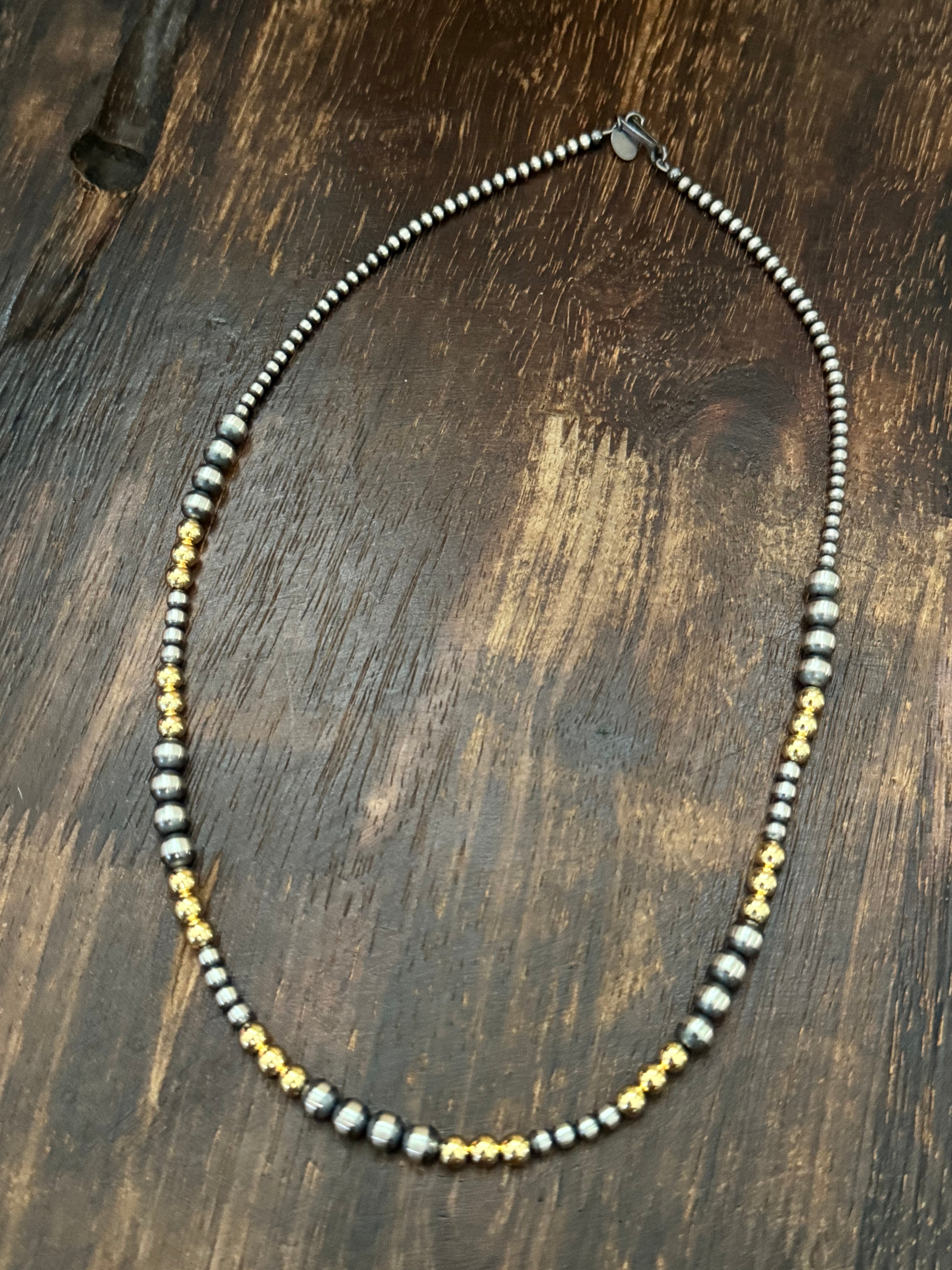 Navajo STRUNG Sterling Silver & 14 kt Gold Plate Graduated Pearl Necklace