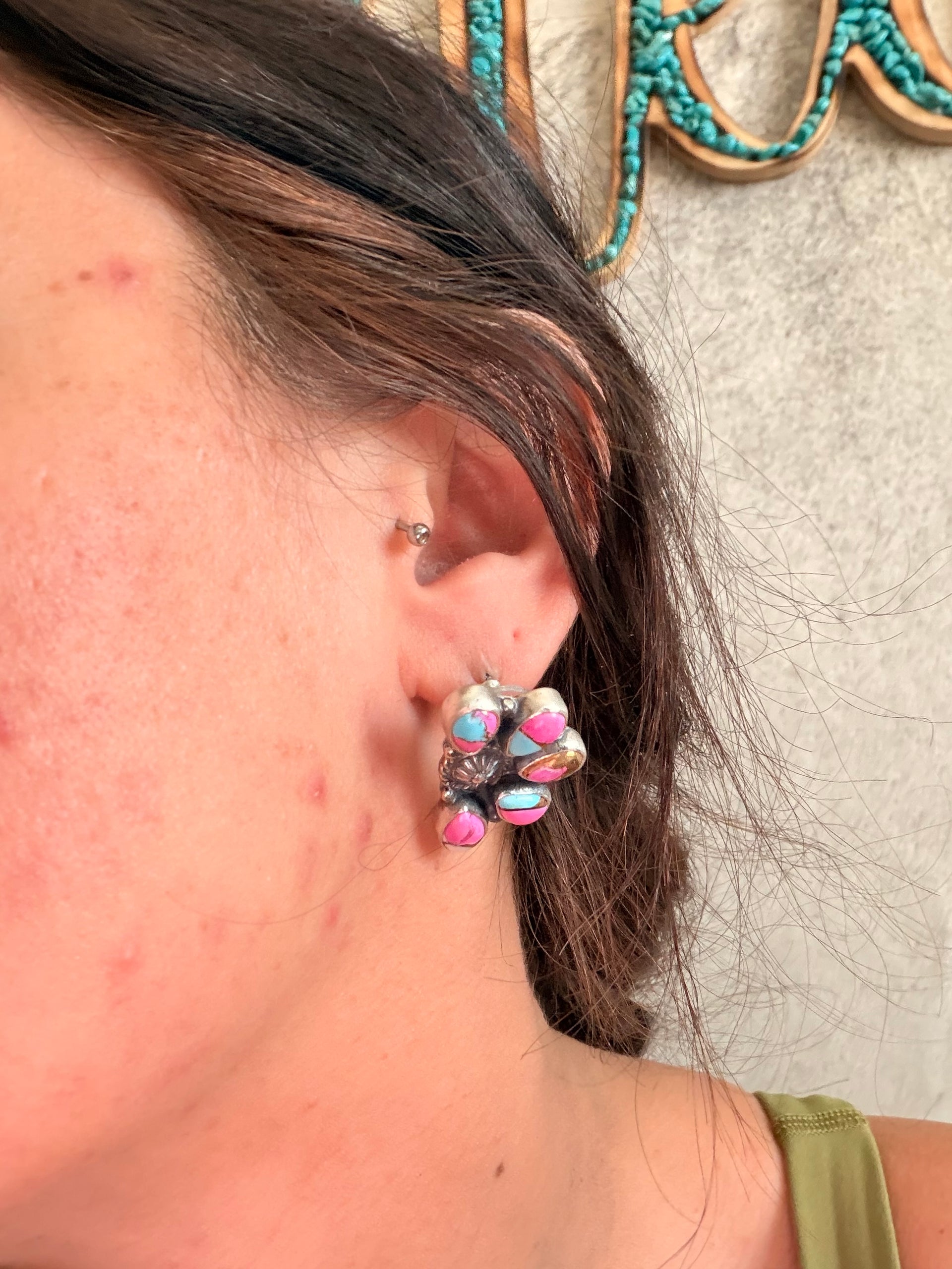 Navajo Made Cotton Candy Dahlia & Sterling Silver Post Cluster Earrings
