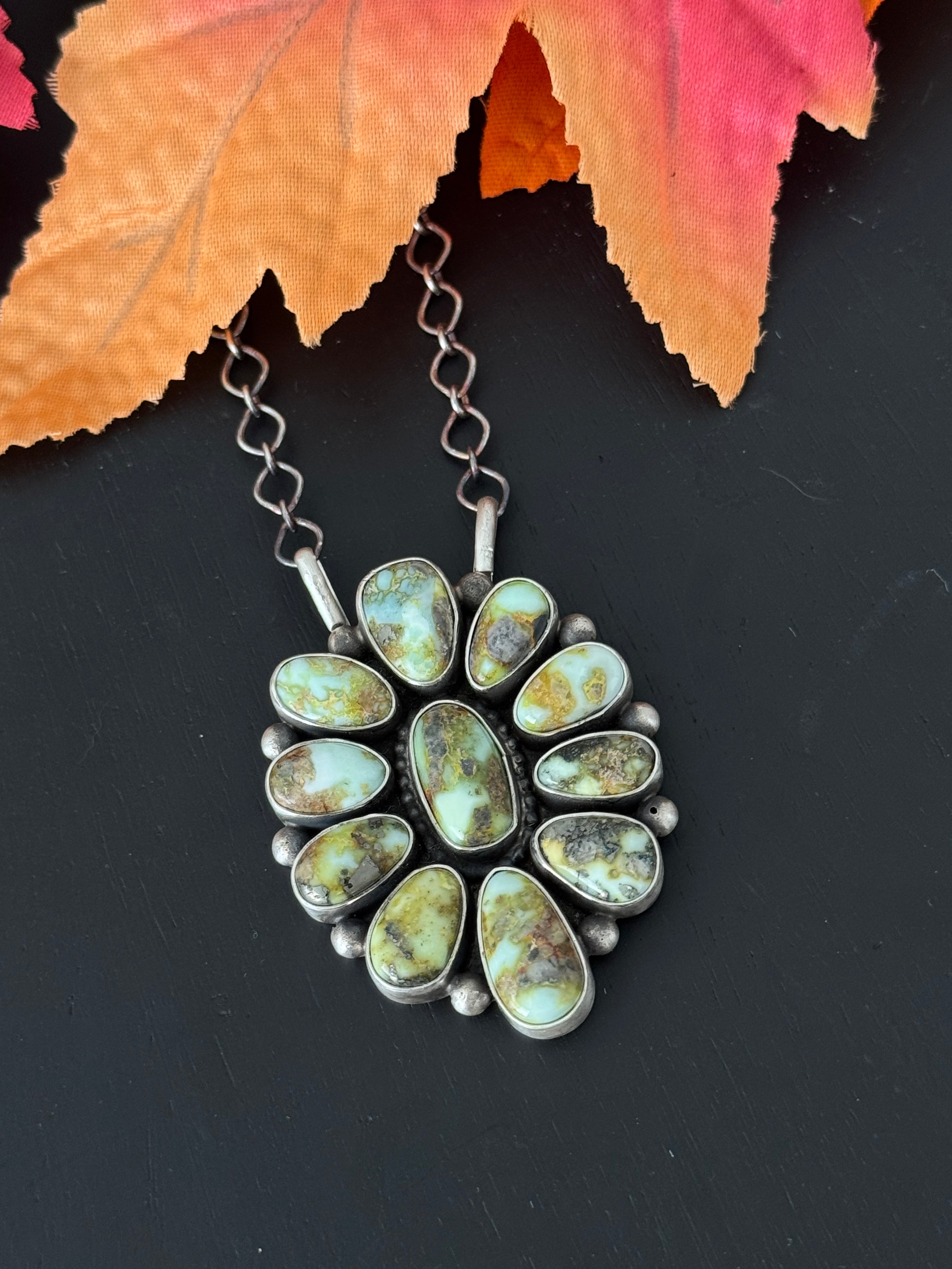 Dave Skeets Palomino Variscite & Sterling Silver Cluster Necklace