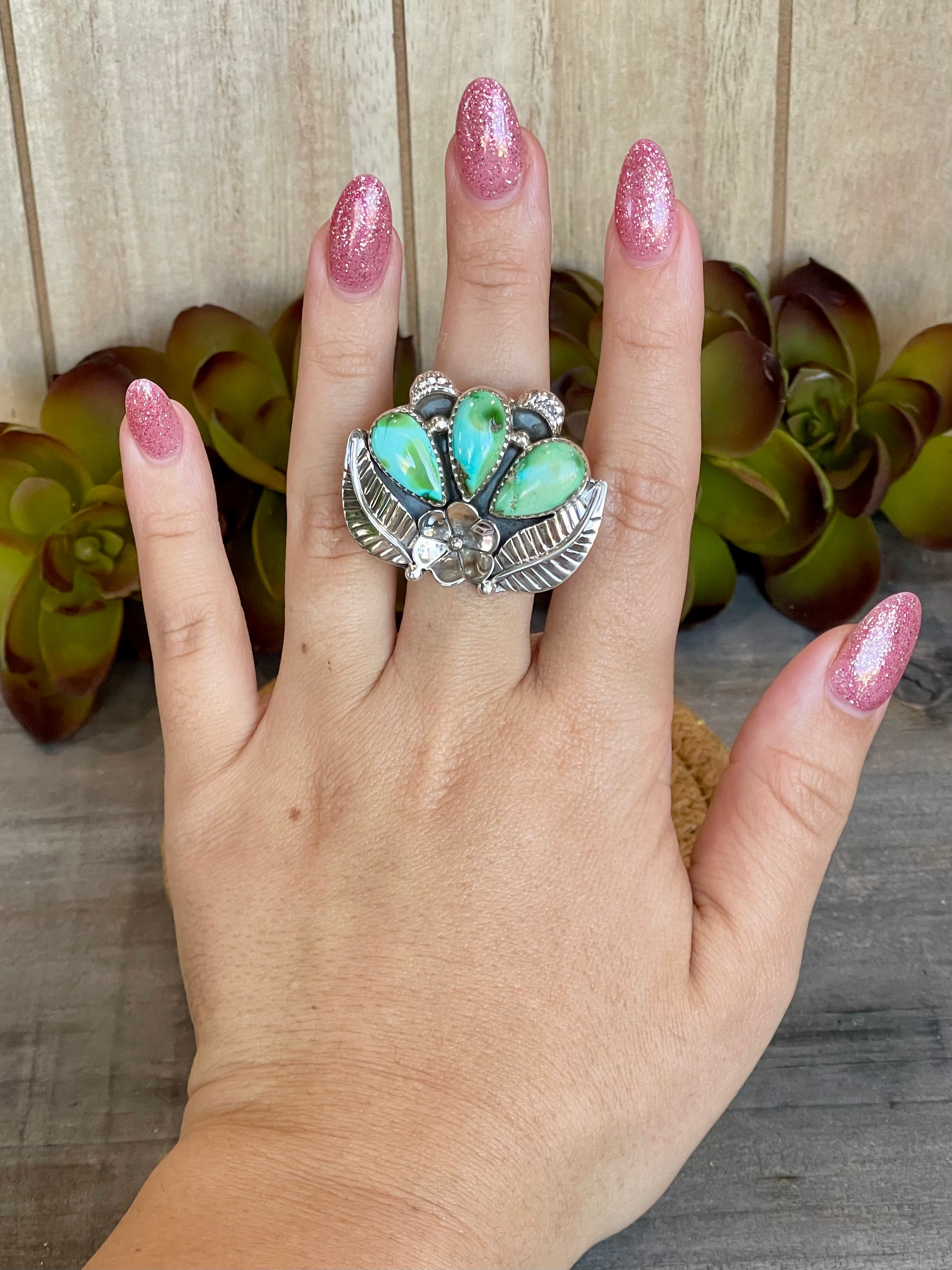 Southwest Handmade Sonoran Mountain Turquoise & Sterling Silver Adjustable Flower Ring