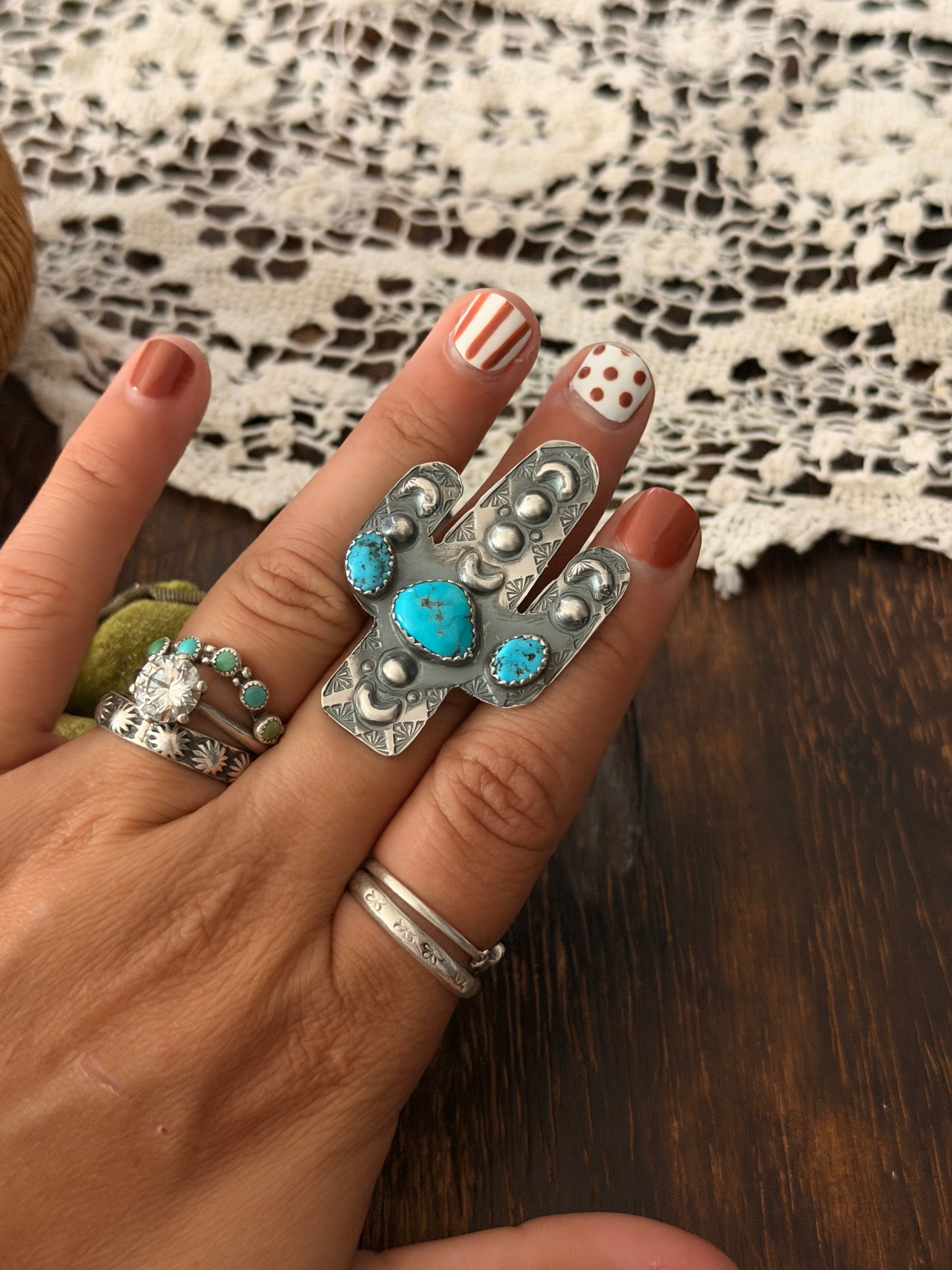 Tim Yazzie Kingman Turquoise & Sterling Silver Adjustable Saguaro Ring