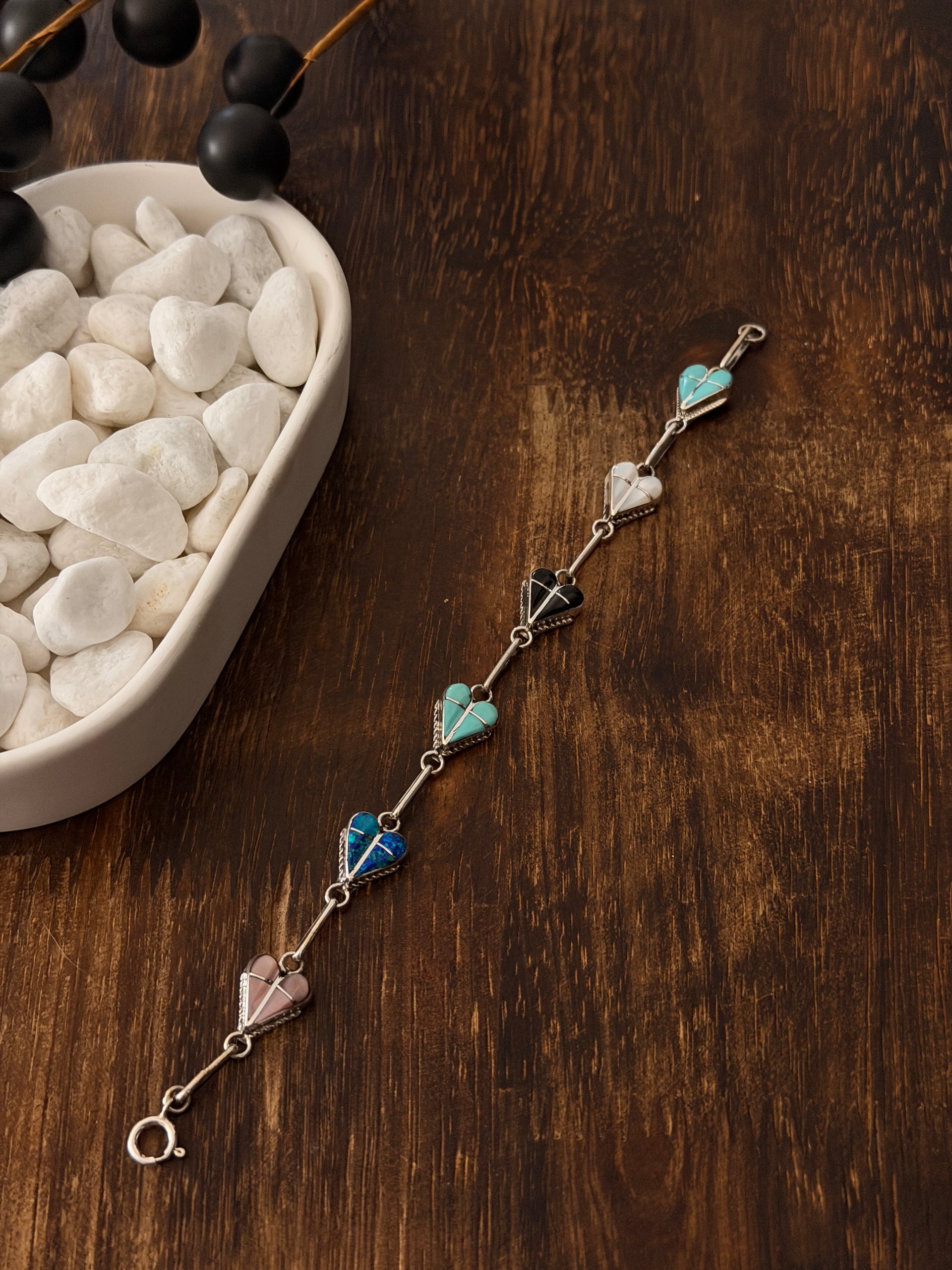 Velda Nastacio Multi Stone & Sterling Silver Link Heart Bracelet