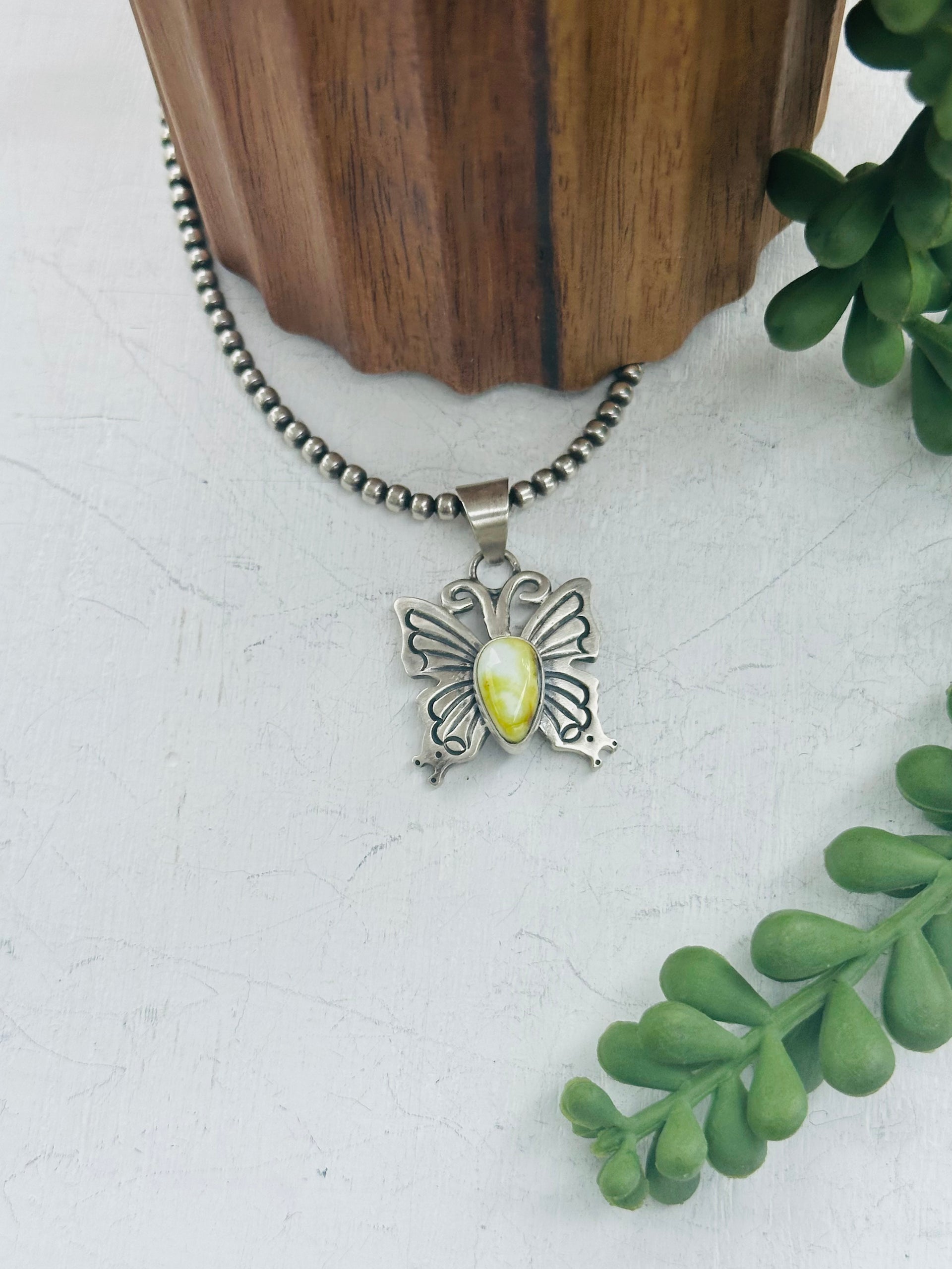 Navajo Made Palomino Variscite & Sterling Silver Butterfly Pendant