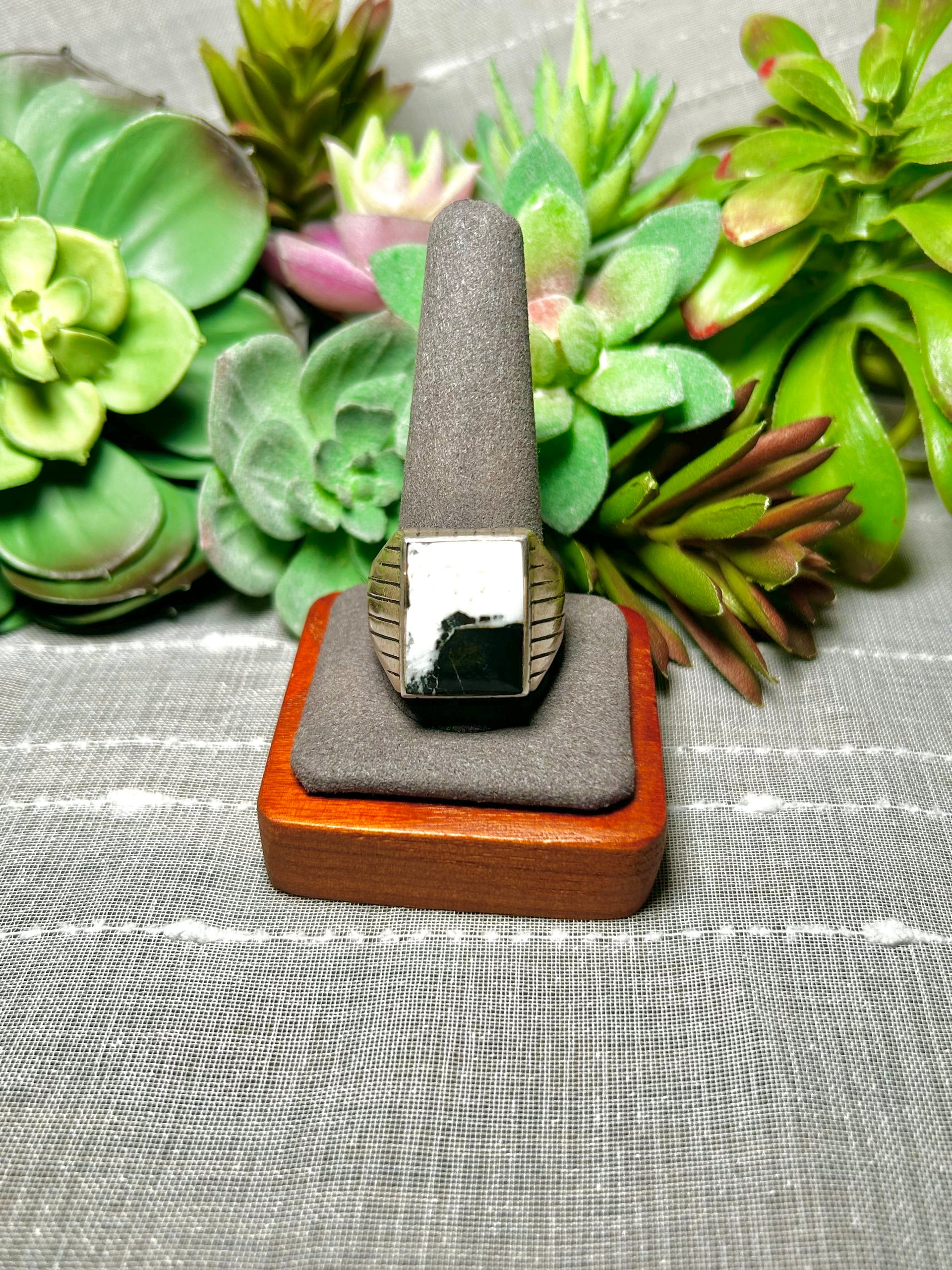 Navajo Made White Buffalo & Sterling Silver Ring Size 12.75