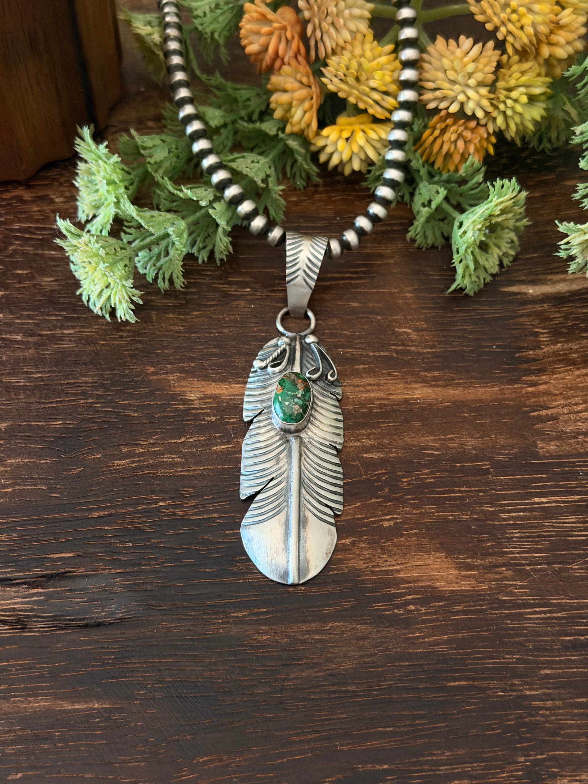 Kobe Martinez Sonoran Gold Turquoise & Sterling Silver Feather Pendant