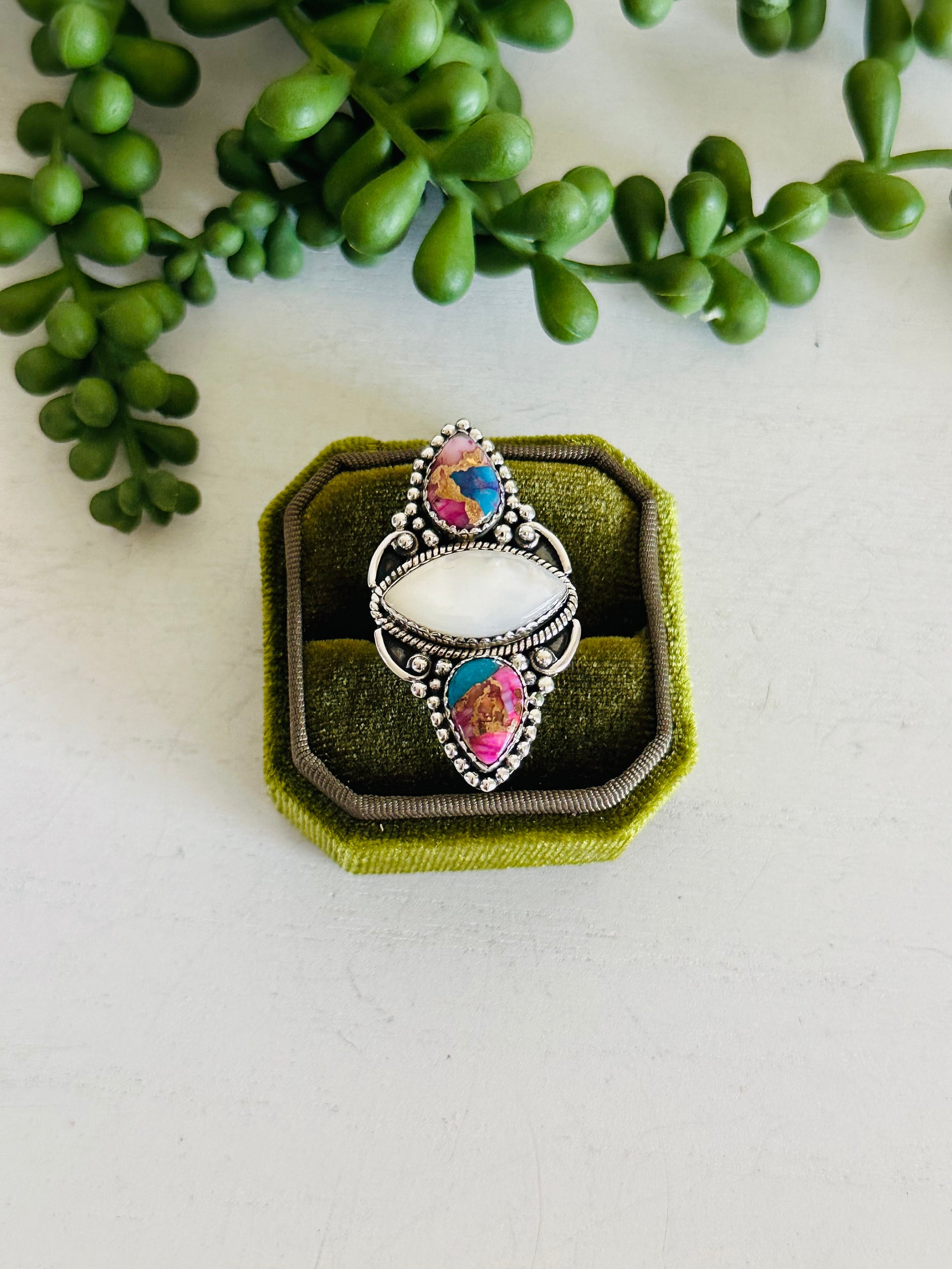 Southwest Handmade Multi Stone & Sterling Silver Adjustable Cluster Ring
