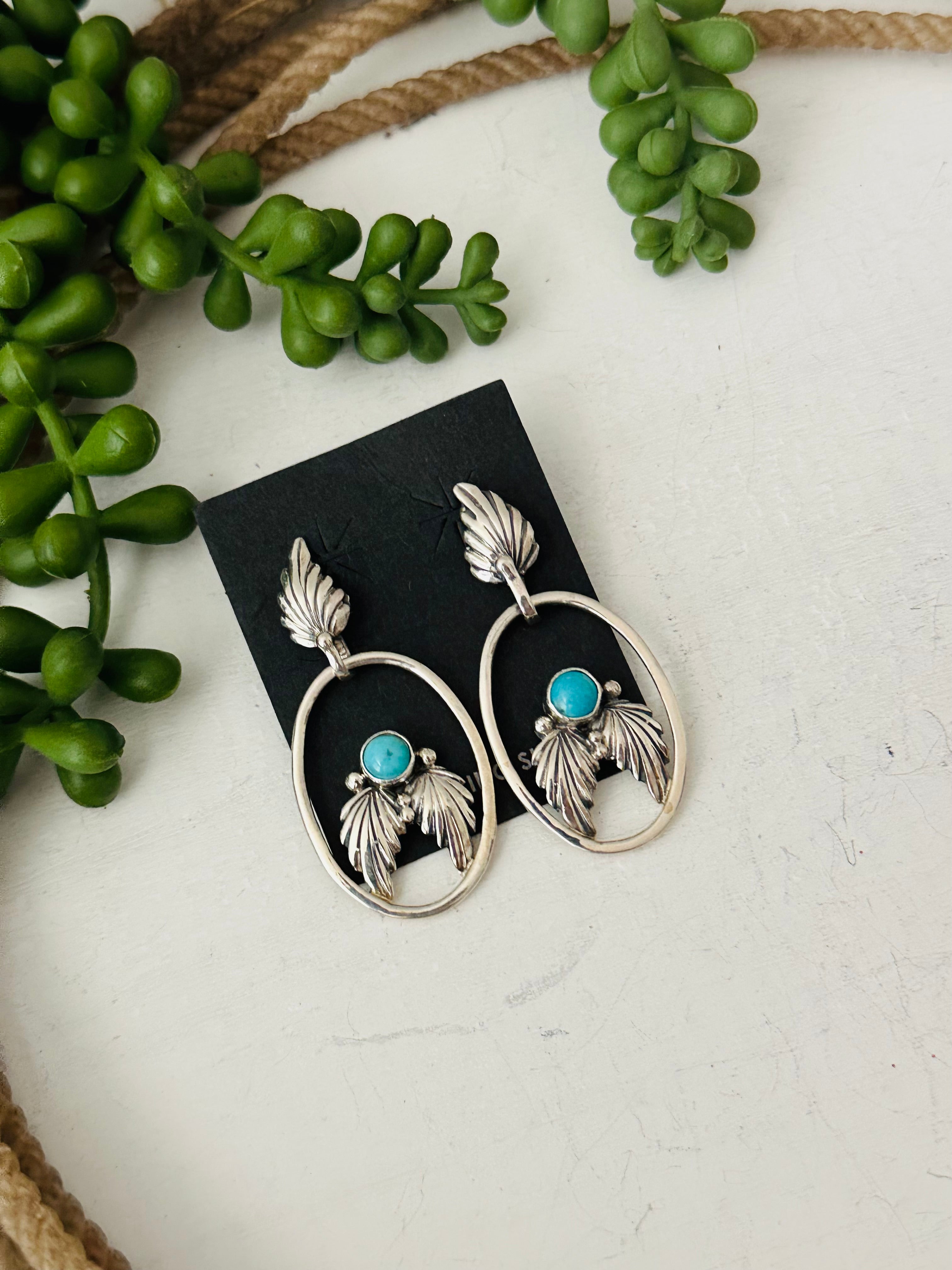 Navajo Made Kingman Turquoise & Sterling Silver Dangle Earrings