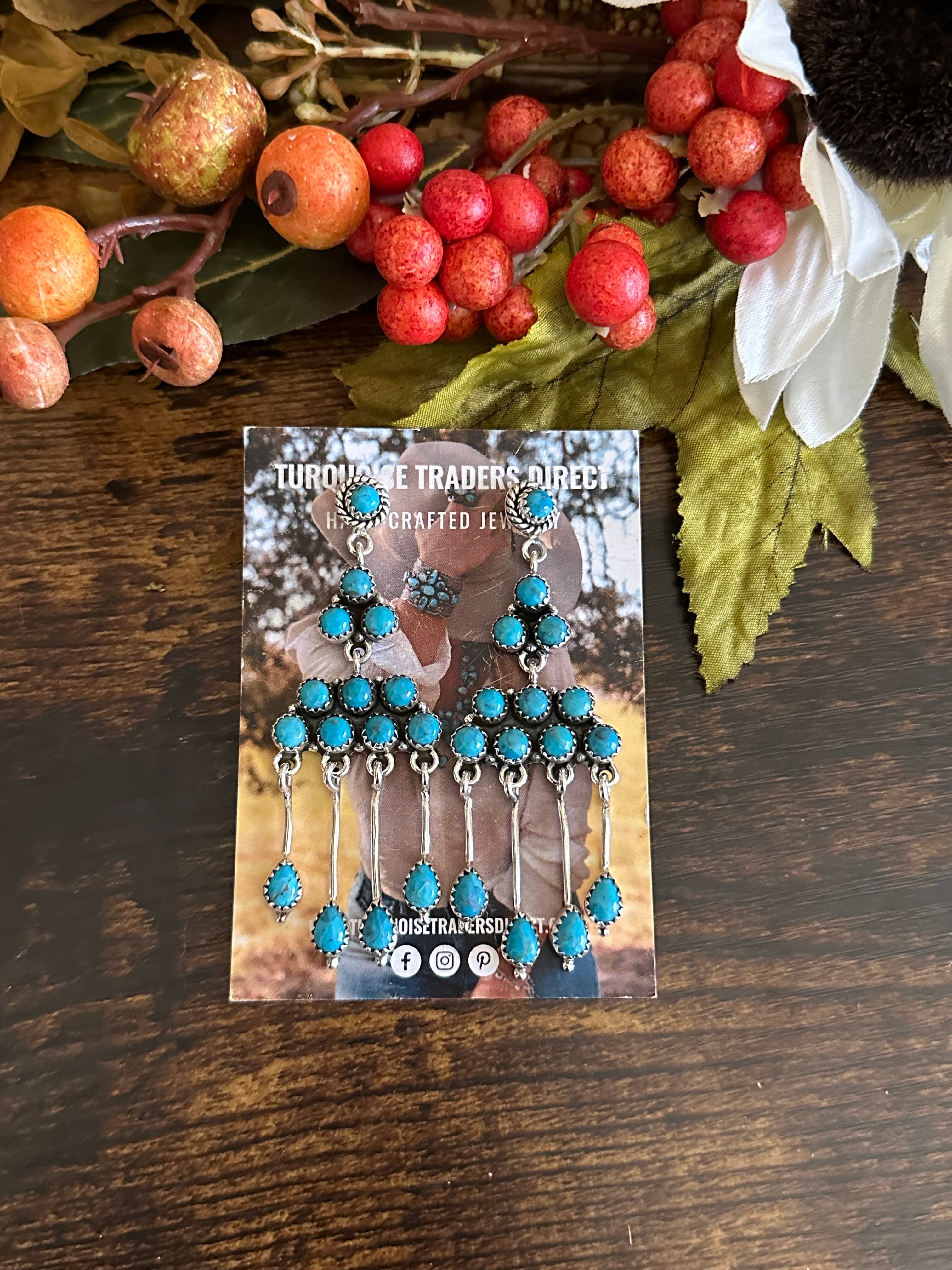 Southwest Handmade Kingman Turquoise & Sterling Silver Post Dangle Cluster Earrings