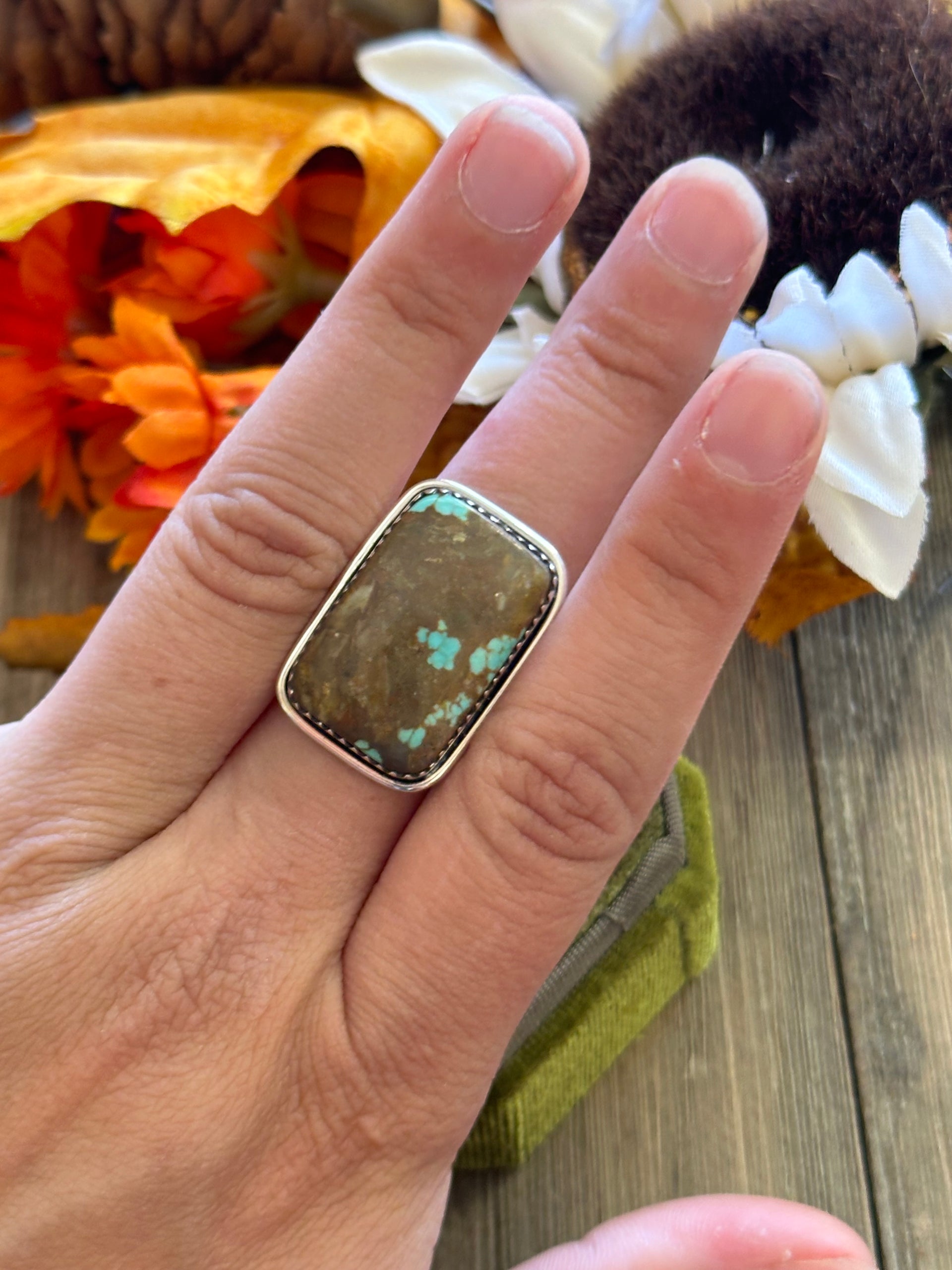 Southwest Handmade #8 Turquoise & Sterling Silver Adjustable Ring