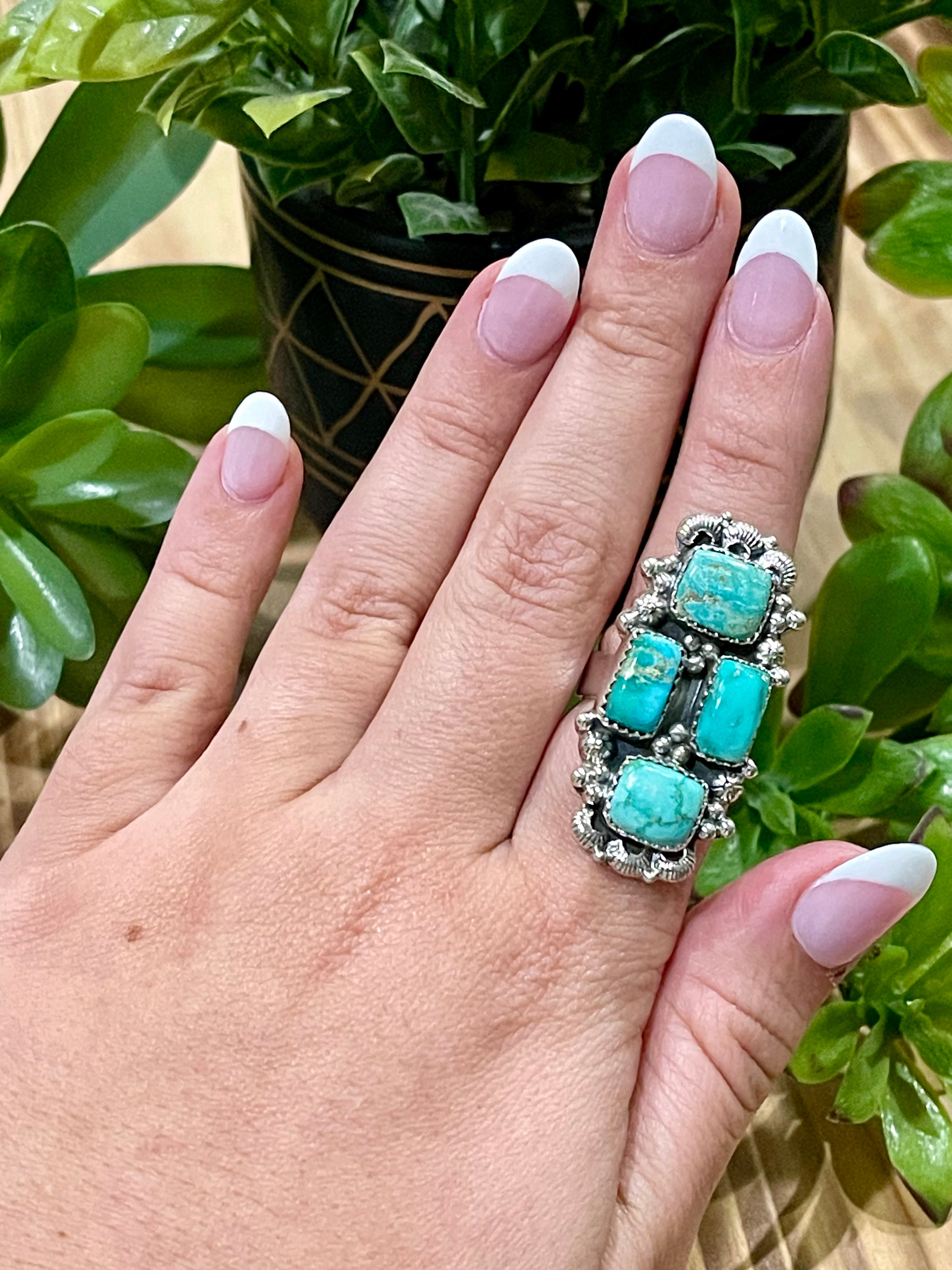 Southwest Handmade Emerald Valley Turquoise & Sterling Silver Adjustable Cluster Ring