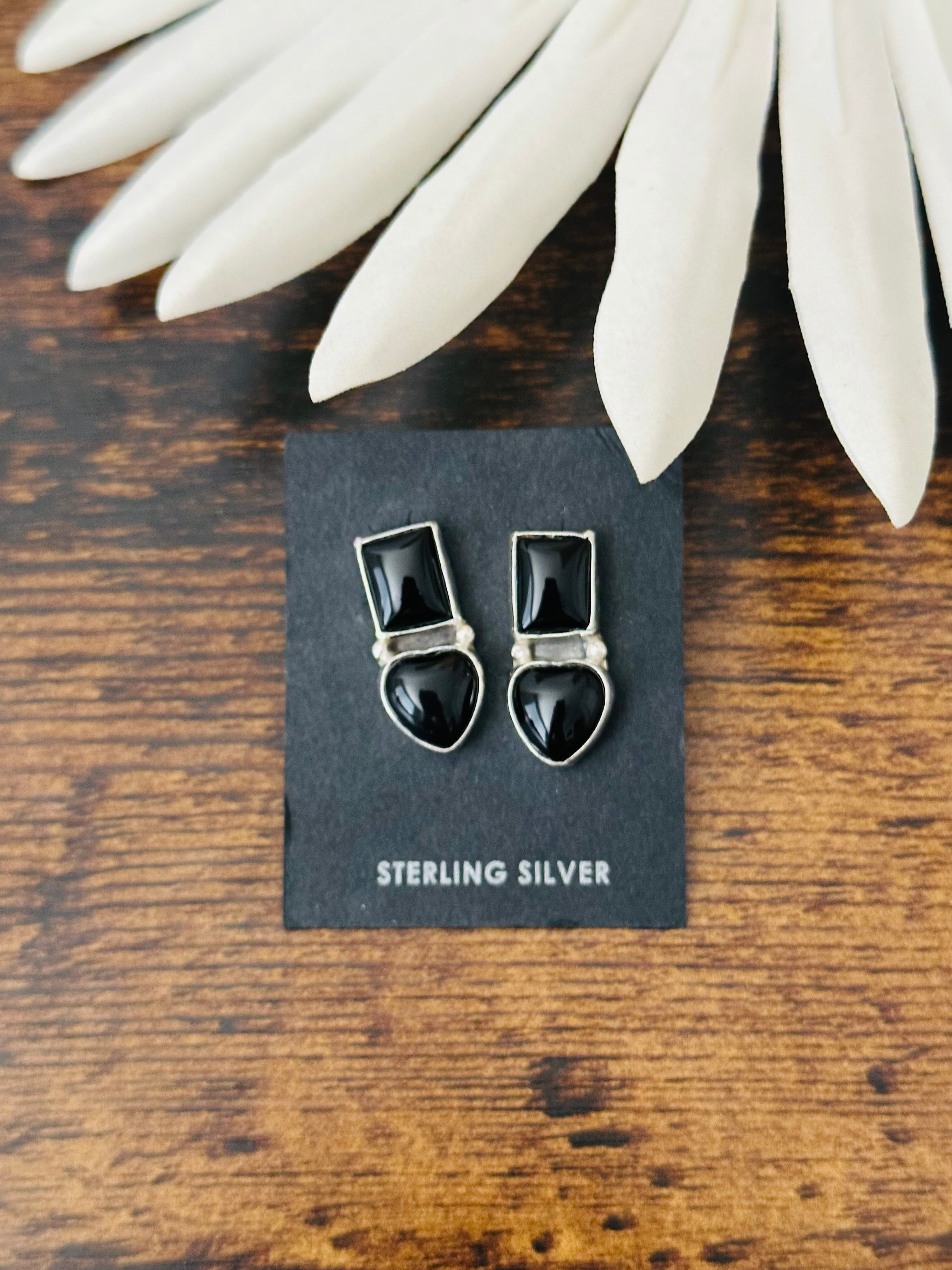 Navajo Made Onyx & Sterling Silver Post Dangle Earrings