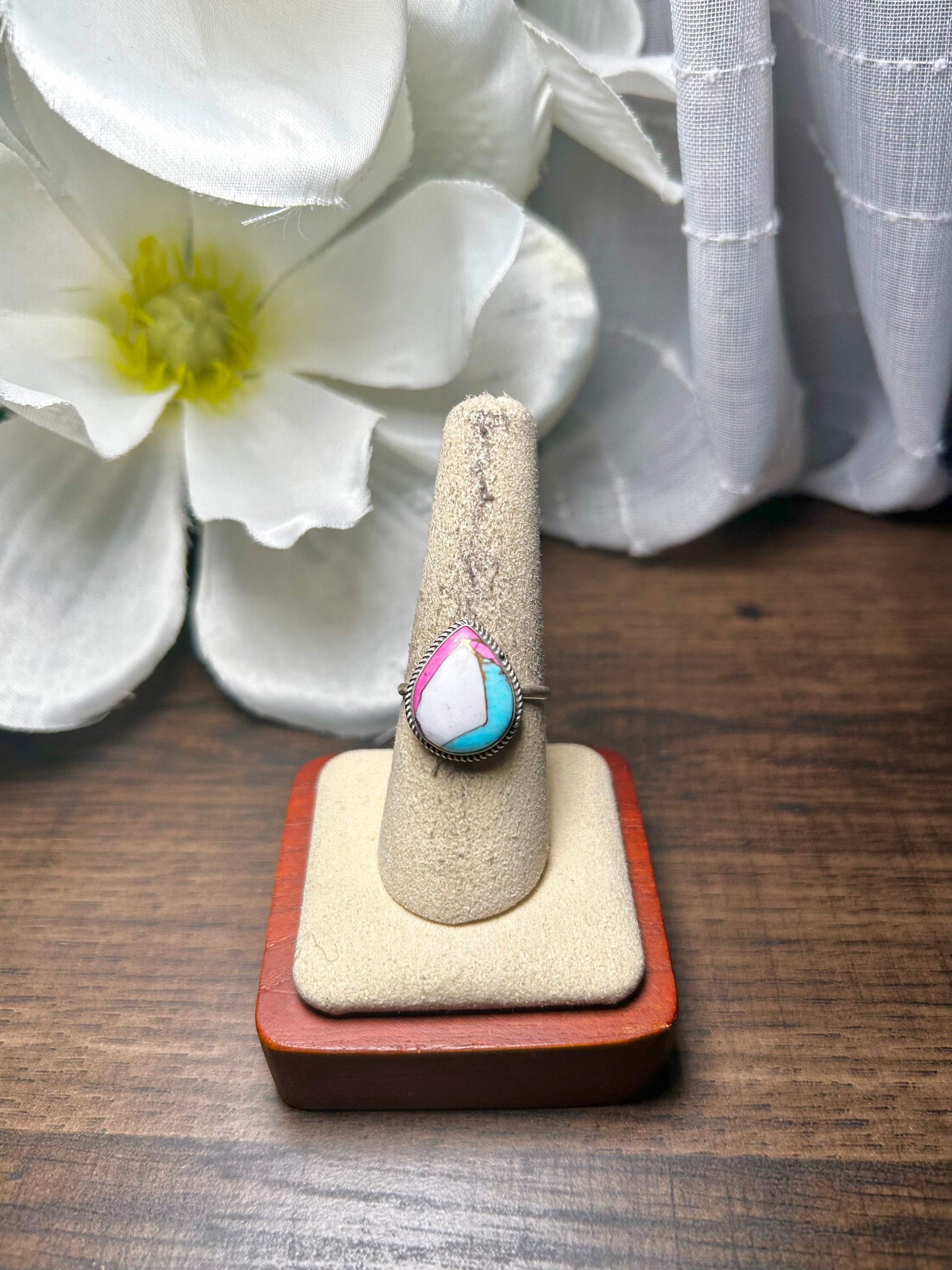 Navajo Made Cotton Candy Dahlia & Sterling Silver Ring Size 8.25