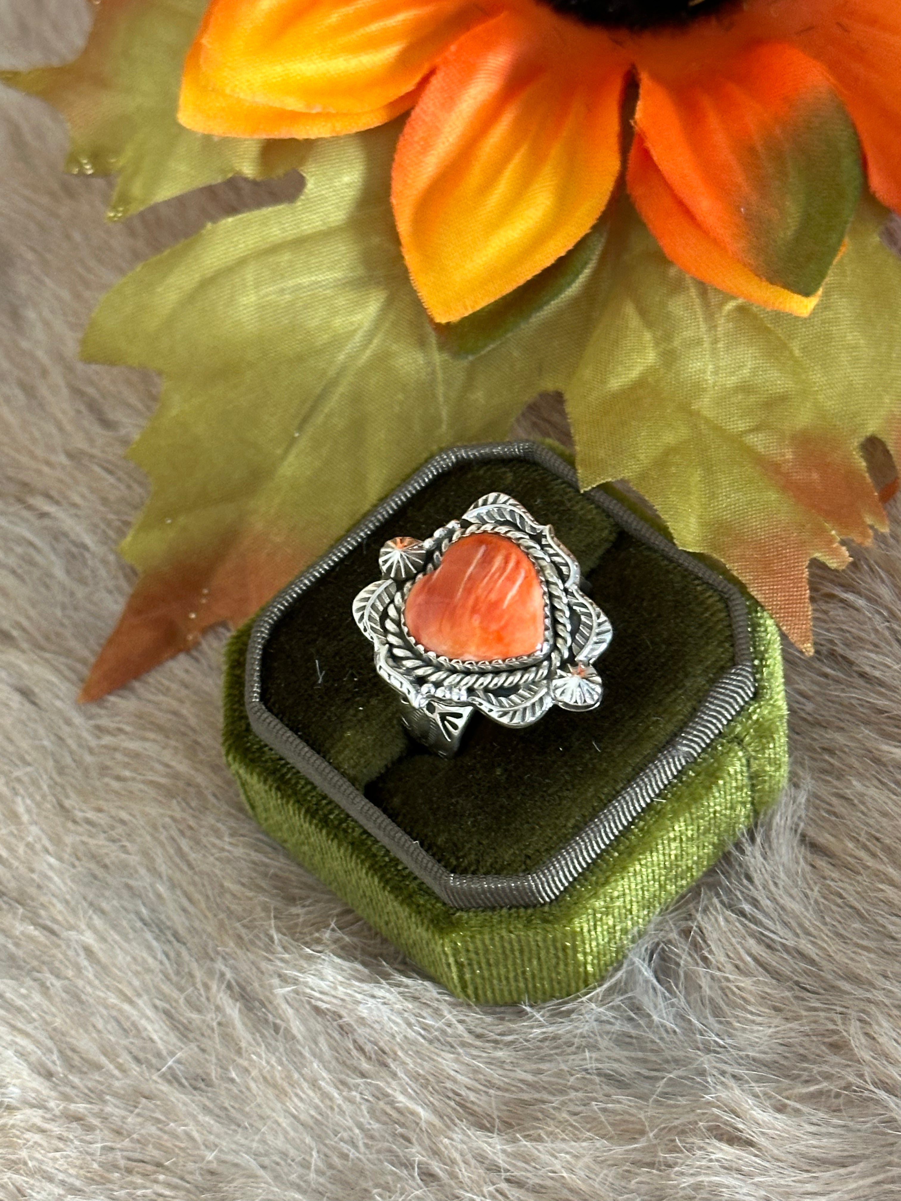 Southwest Handmade Spiny Oyster & Sterling Silver Adjustable Heart Ring