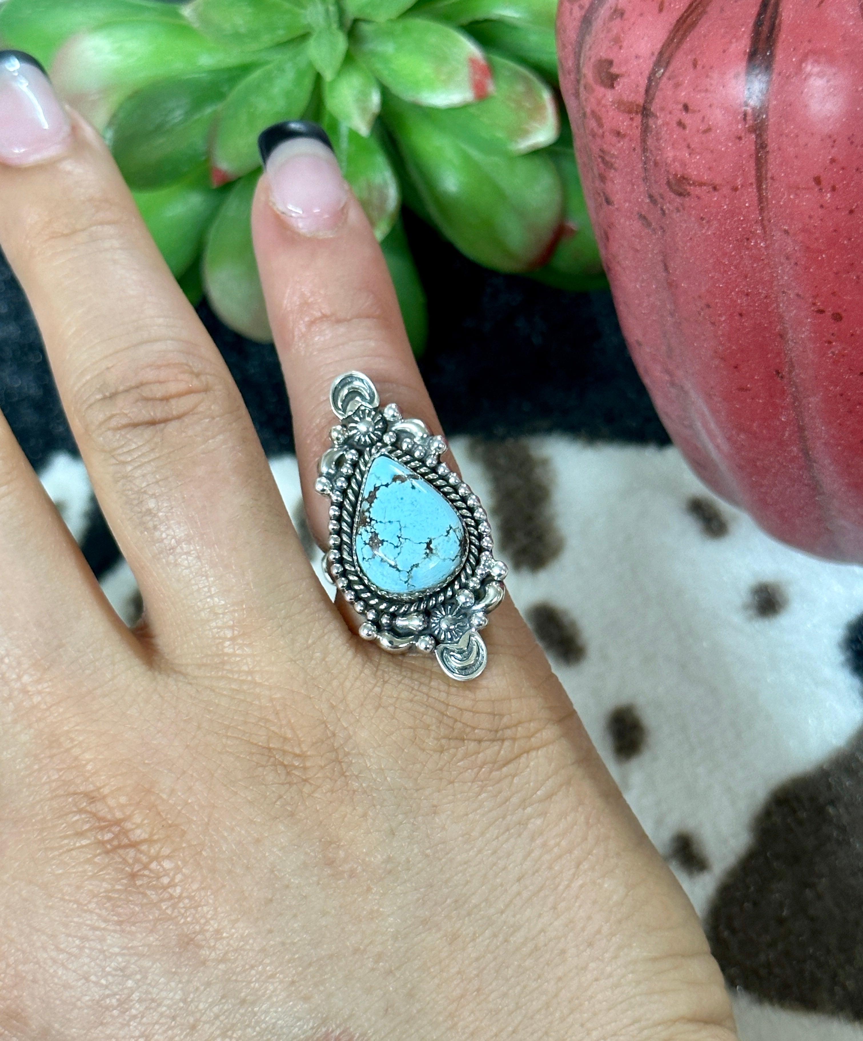 Southwest Handmade Golden Hill’s Turquoise & Sterling Silver Ring Size 5.75