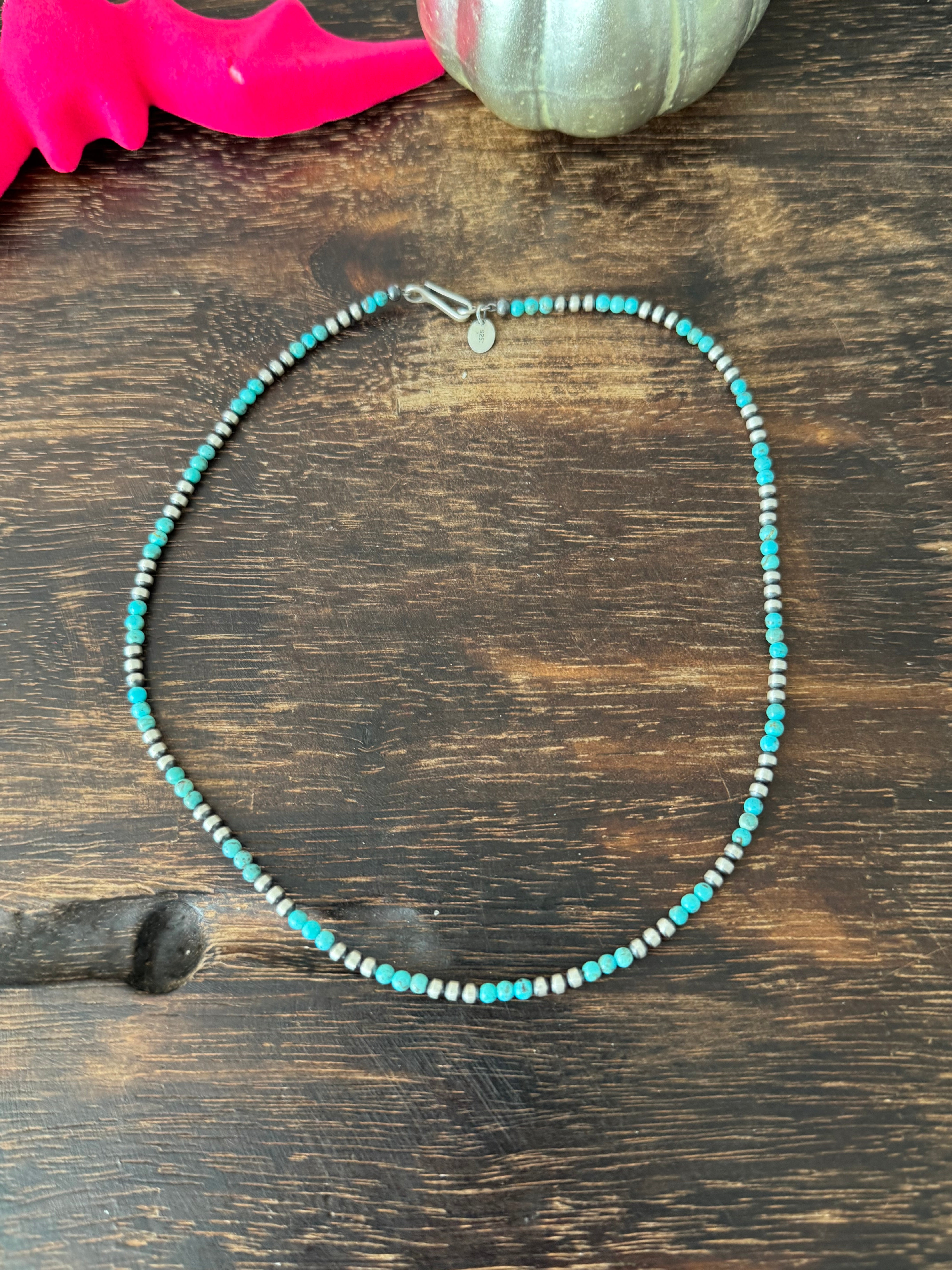 Navajo Strung Egyptian Turquoise & Sterling Silver 3MM Beaded Necklace