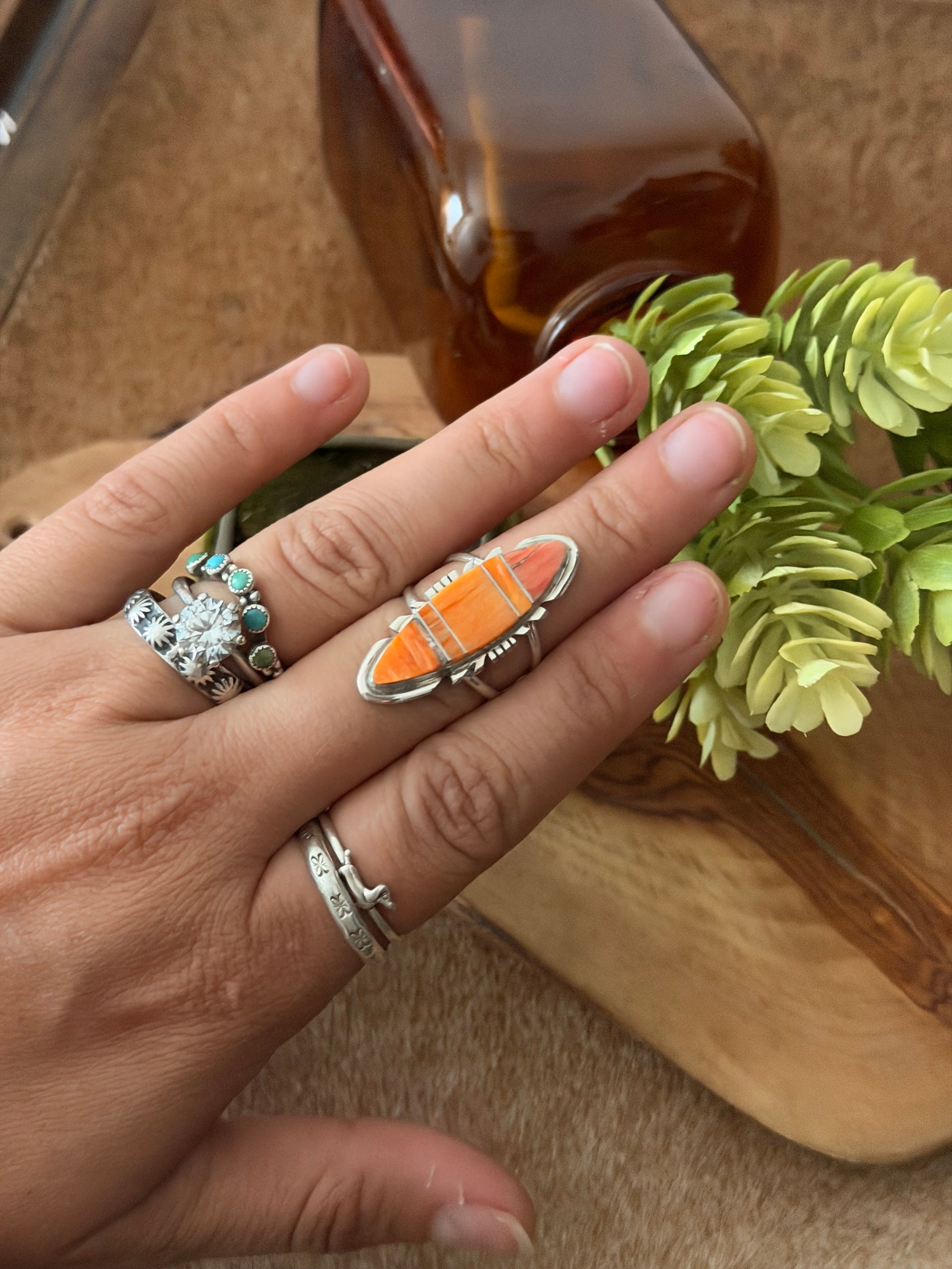 Navajo Made Spiny Oyster & Sterling Silver Inlay Ring Size 7