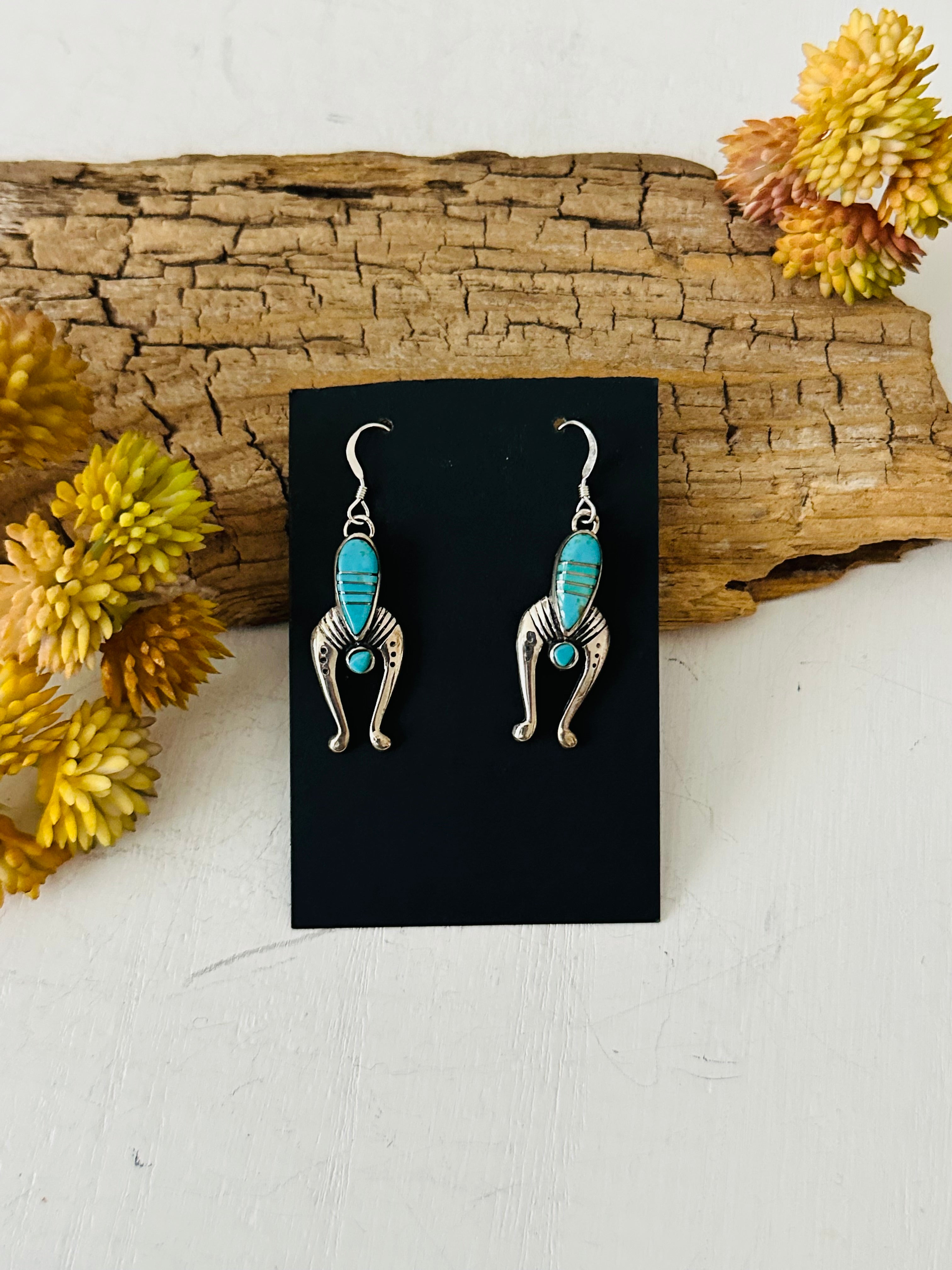 Navajo Made Turquoise & Sterling Silver Inlay Dangle Earrings