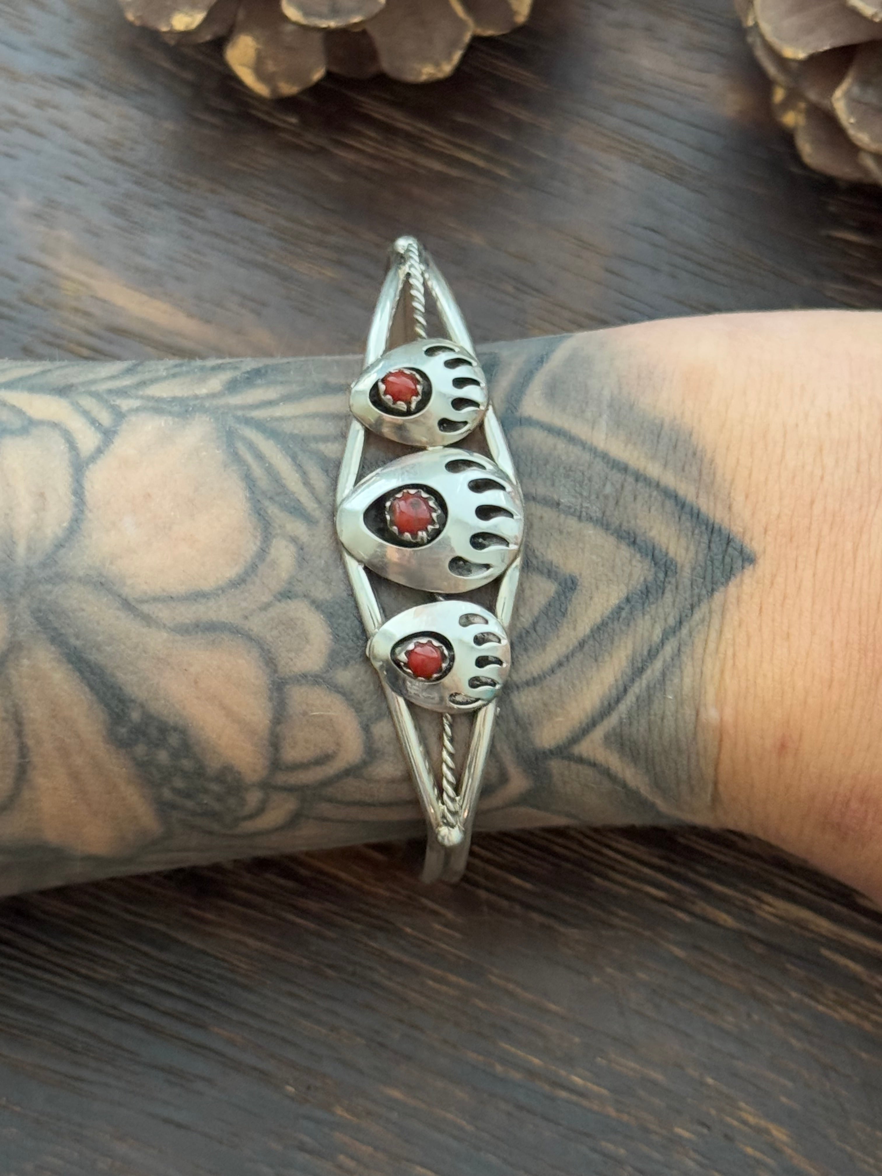 Navajo Made Red Coral & Sterling Silver Cuff Bracelet