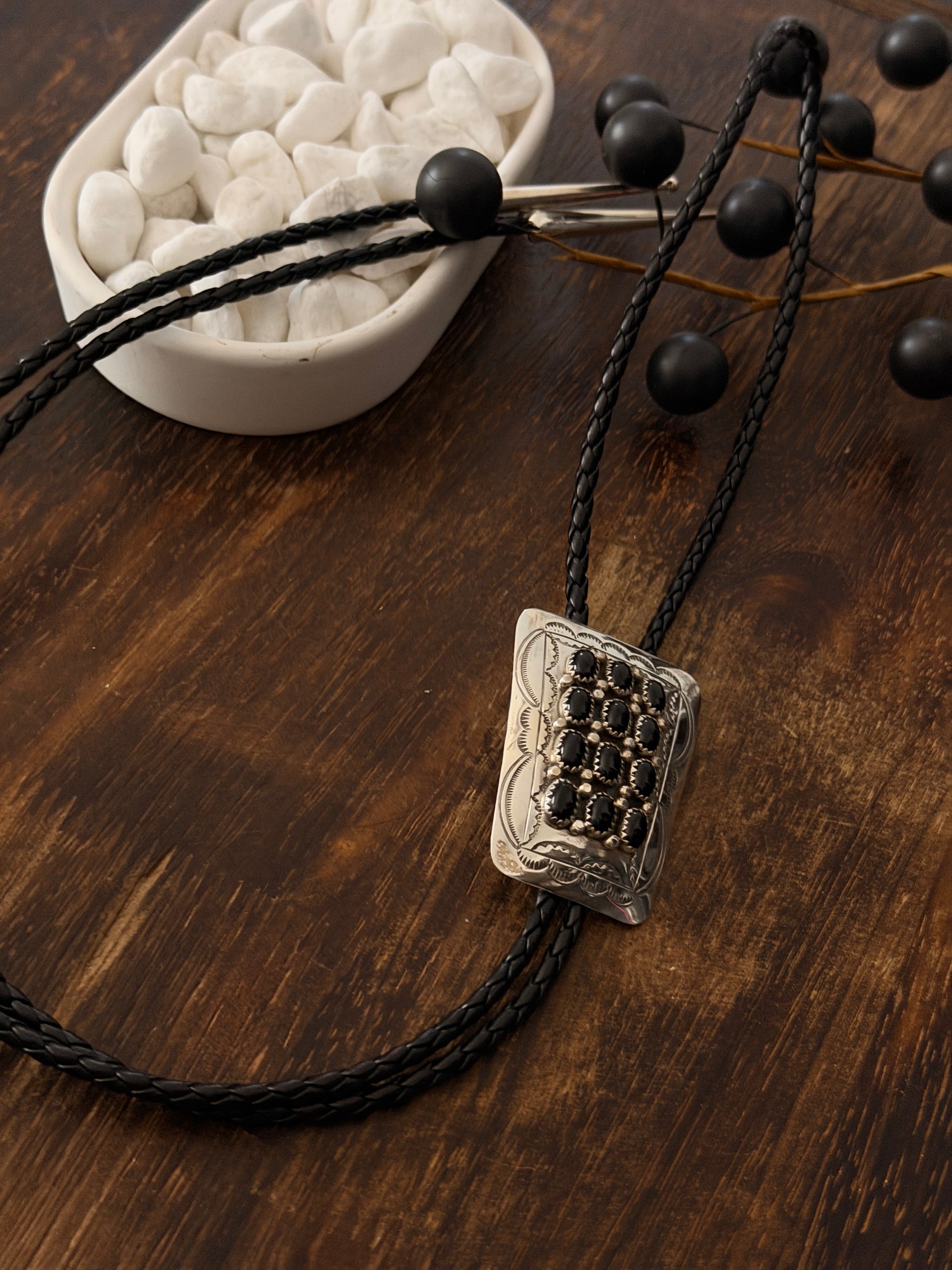 Navajo Made Onyx & Sterling Silver Bolo Tie