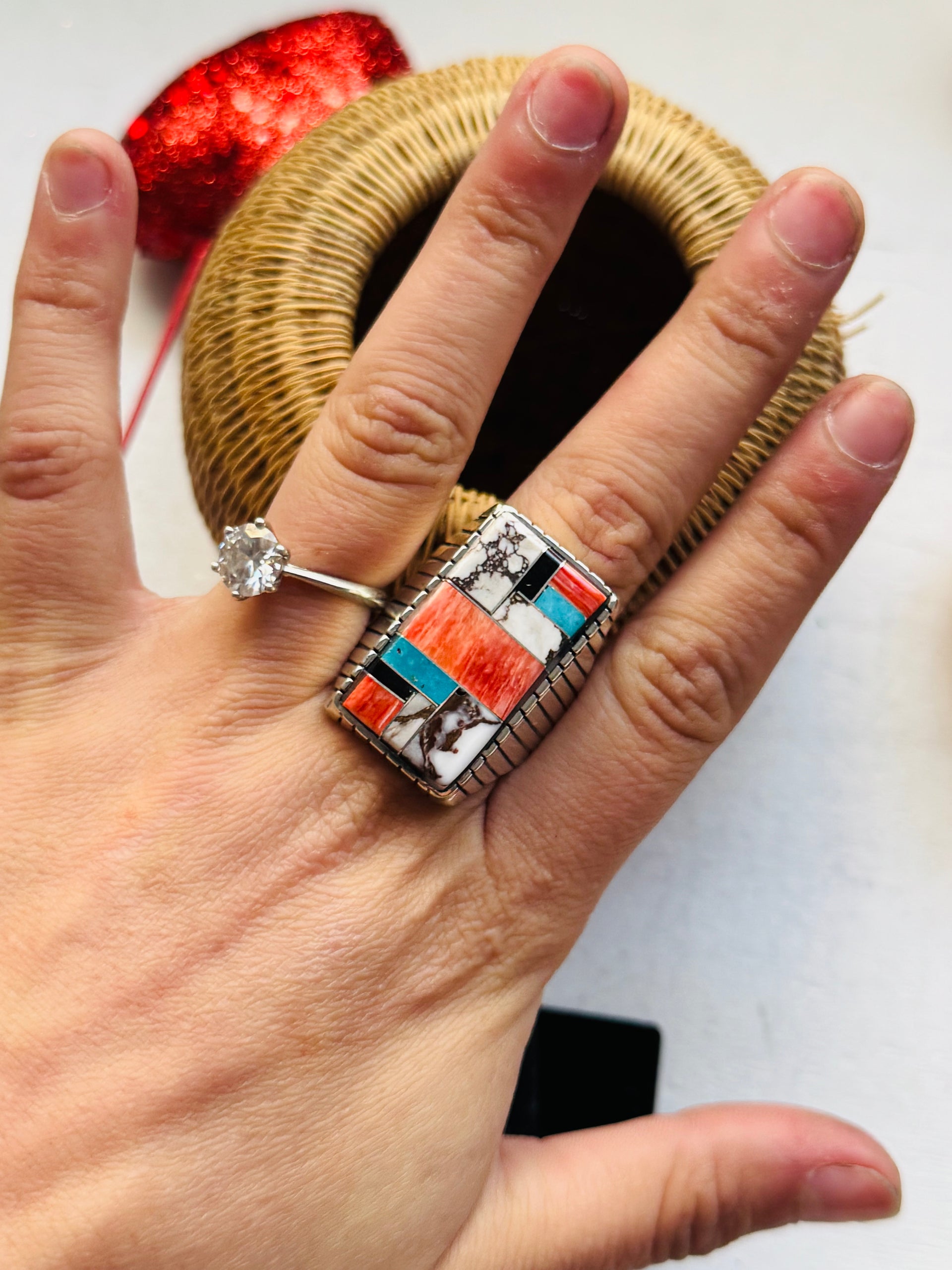 Ray Jack Multi Stone & Sterling Silver Inlay Ring Size 12.75