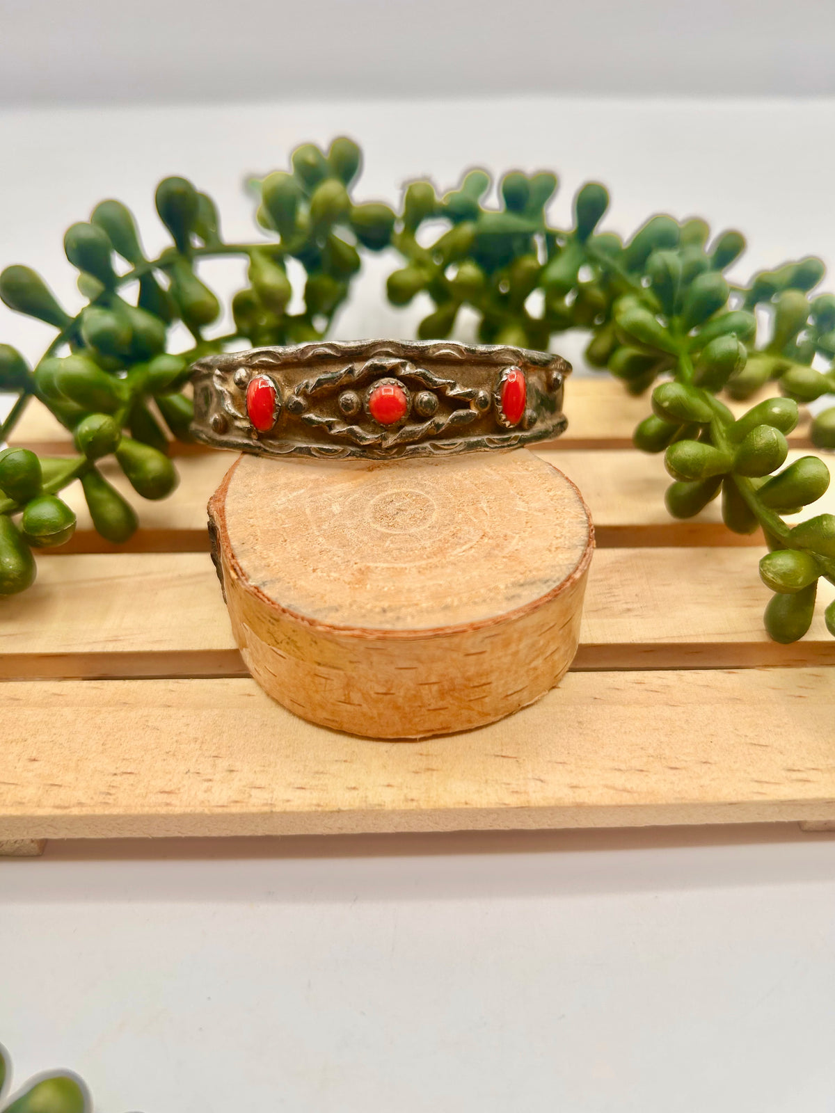 Vintage Navajo Made Red Coral & Sterling Silver Cuff Bracelet