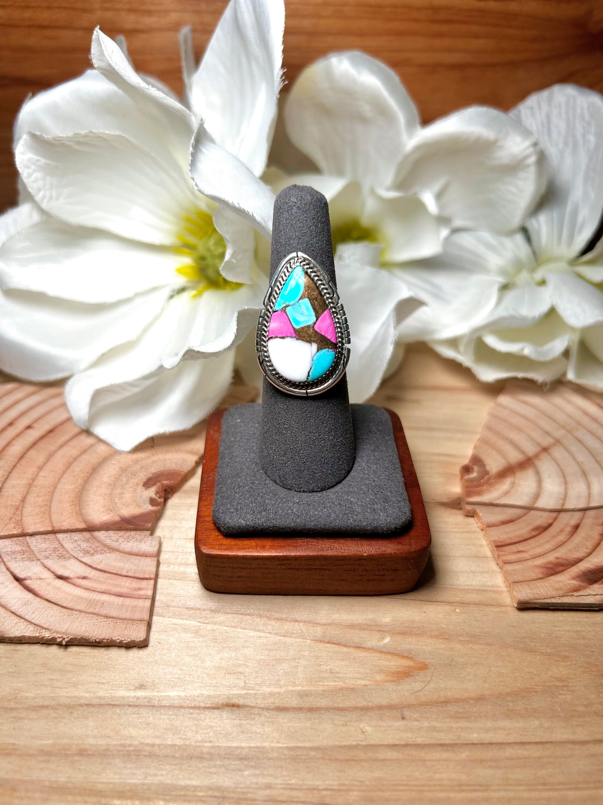 Dave Skeets Cotton Candy Dahlia & Sterling Silver Ring Size 6.75