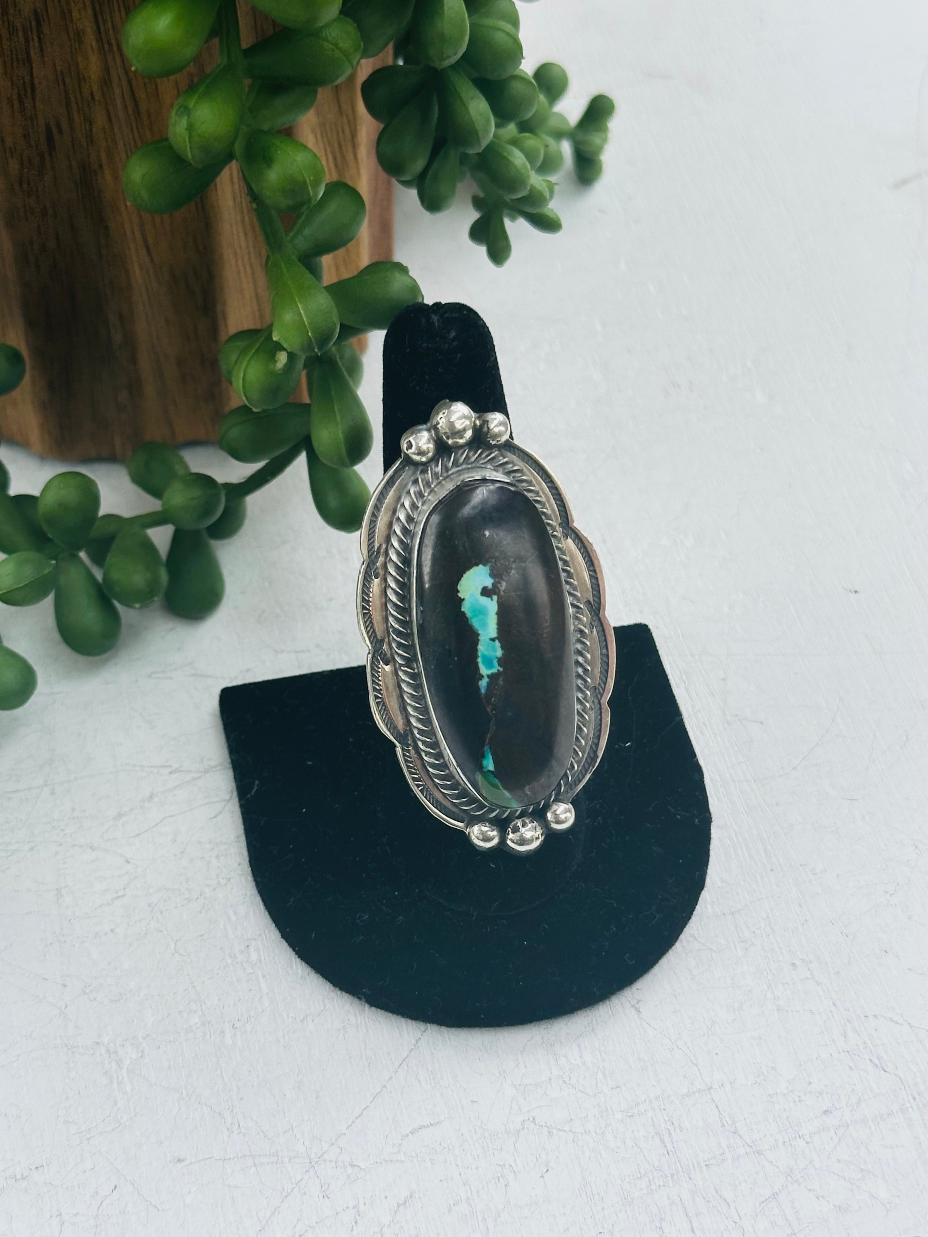 Navajo Made Black Jack Turquoise & Sterling Silver Adjustable Ring