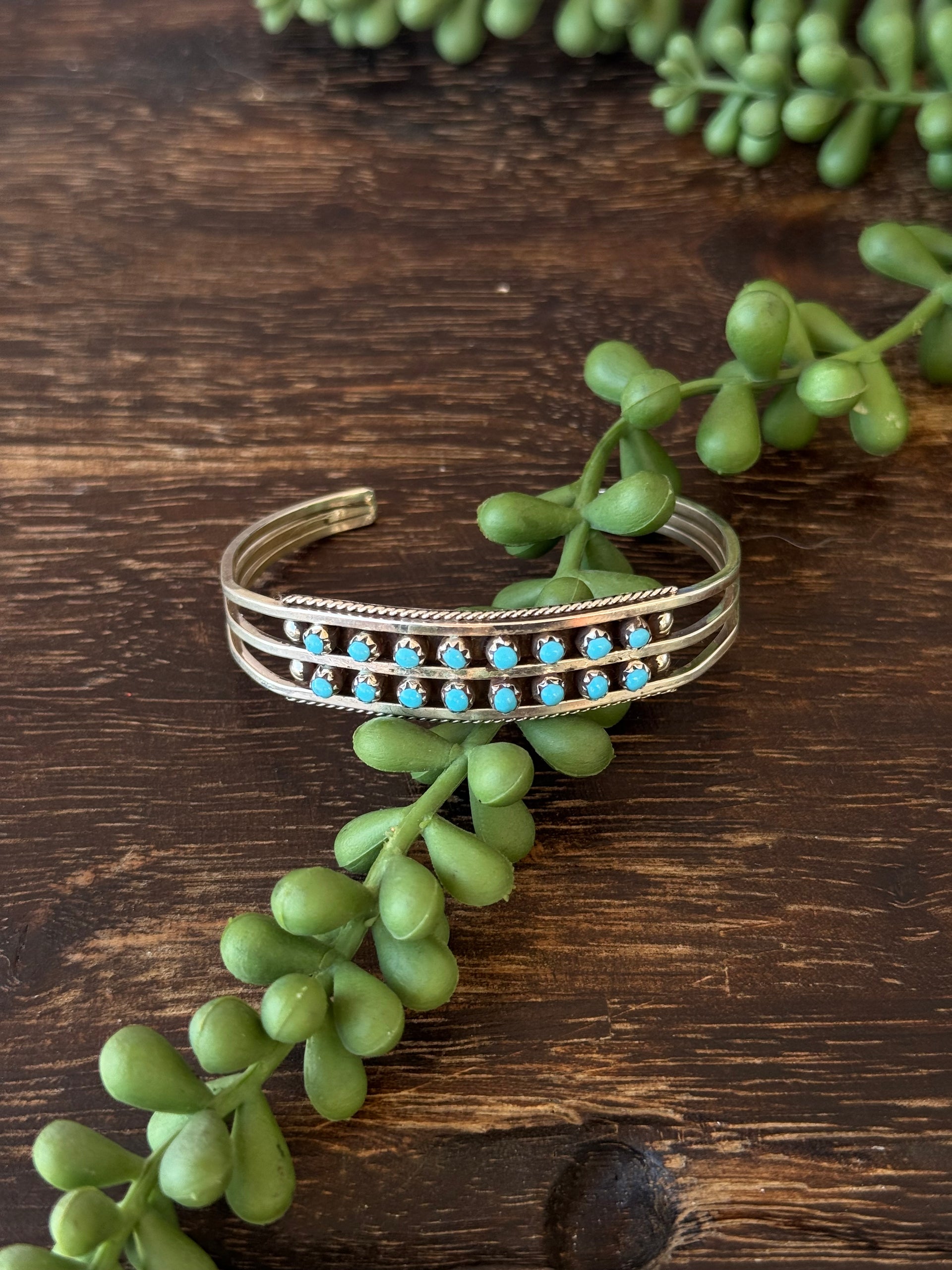 Zuni Made Kingman Turquoise & Sterling Silver Petite Cluster Cuff Bracelet