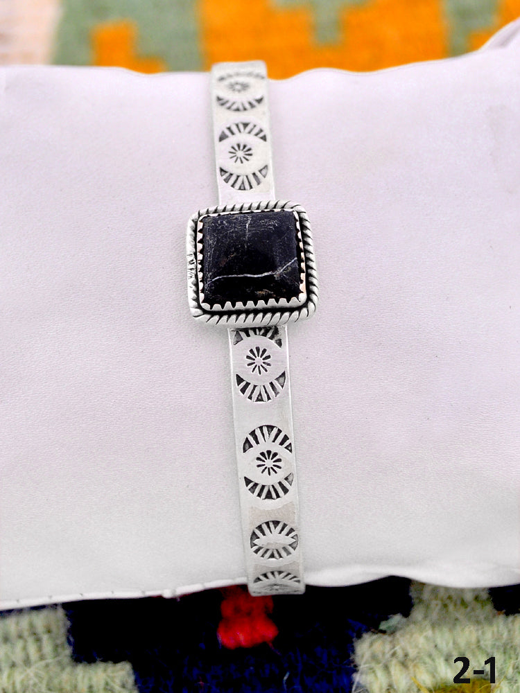 Southwest Handmade Black Jack Turquoise  & Sterling Silver Cuff Bracelet