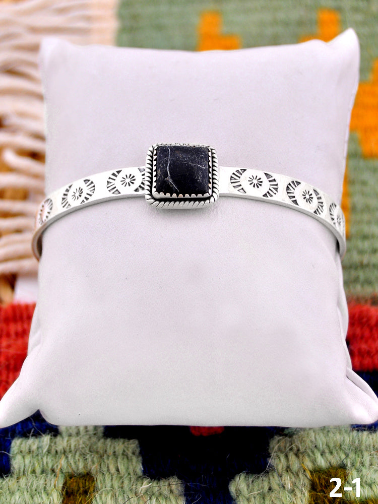 Southwest Handmade Black Jack Turquoise  & Sterling Silver Cuff Bracelet