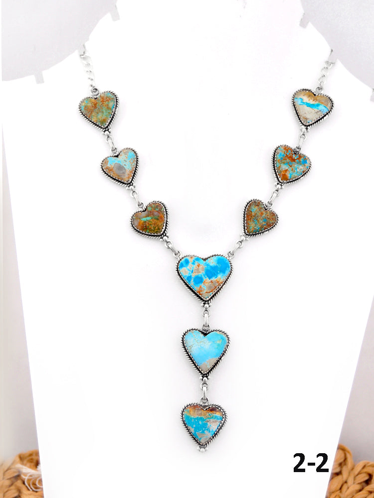 Southwest Handmade Ribbon Royston Turquoise & Sterling Silver Heart Lariat Necklace