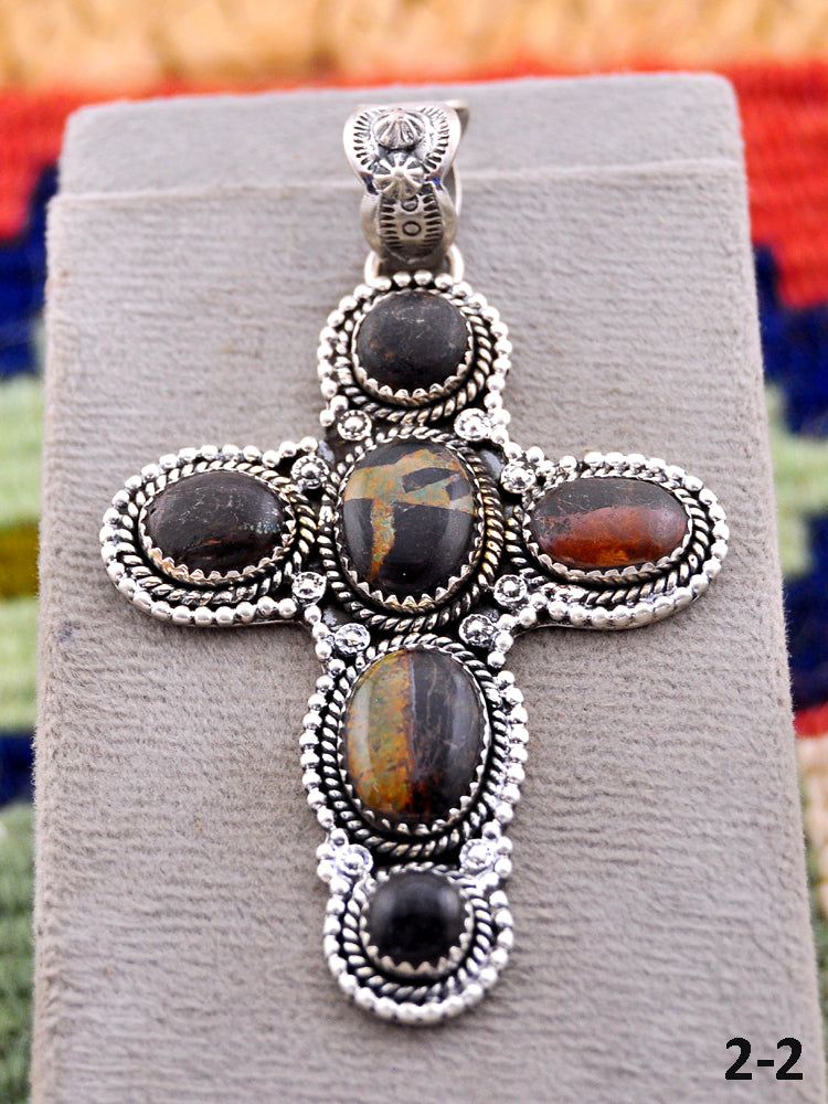 Southwest Made Black Jack Turquoise & Sterling Silver cross Pendant