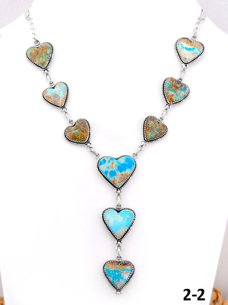 Southwest Handmade Ribbon Royston Turquoise & Sterling Silver Heart Lariat Necklace