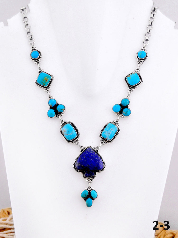 Southwest Handmade Multi Stone & Sterling Silver Spade Necklace