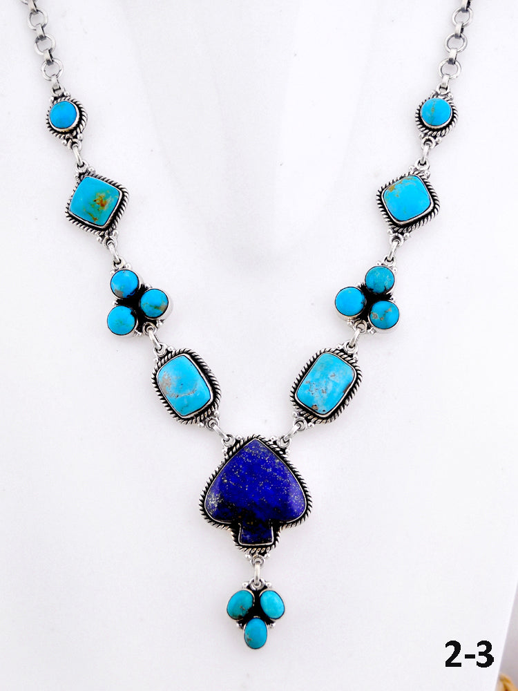 Southwest Handmade Multi Stone & Sterling Silver Spade Necklace