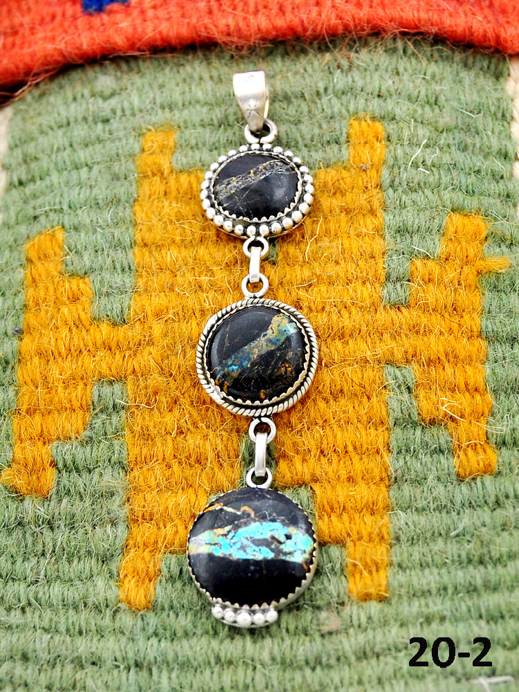 Southwest Handmade Black Jack Turquoise & Sterling Silver Pendants