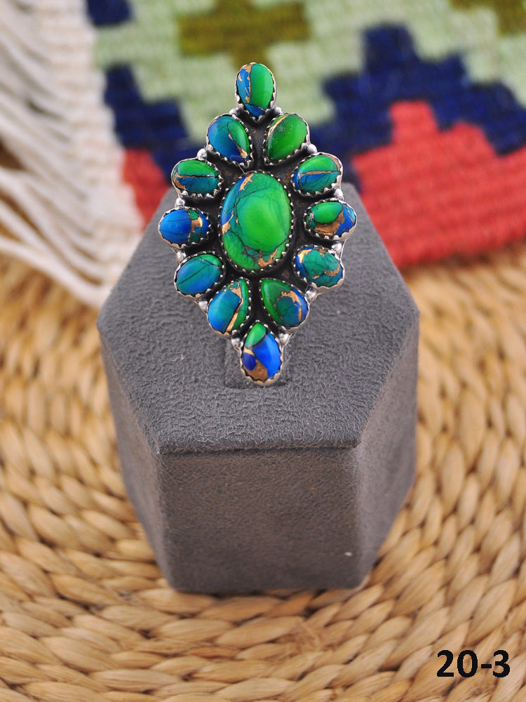 Southwest Handmade Peacock Dahlia & Sterling Silver Adjustable Ring