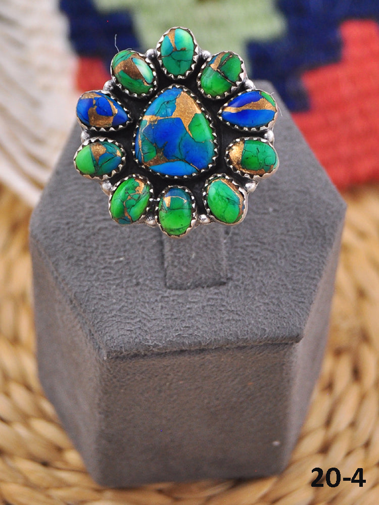 Southwest Handmade Peacock Dahlia & Sterling Silver Adjustable Ring