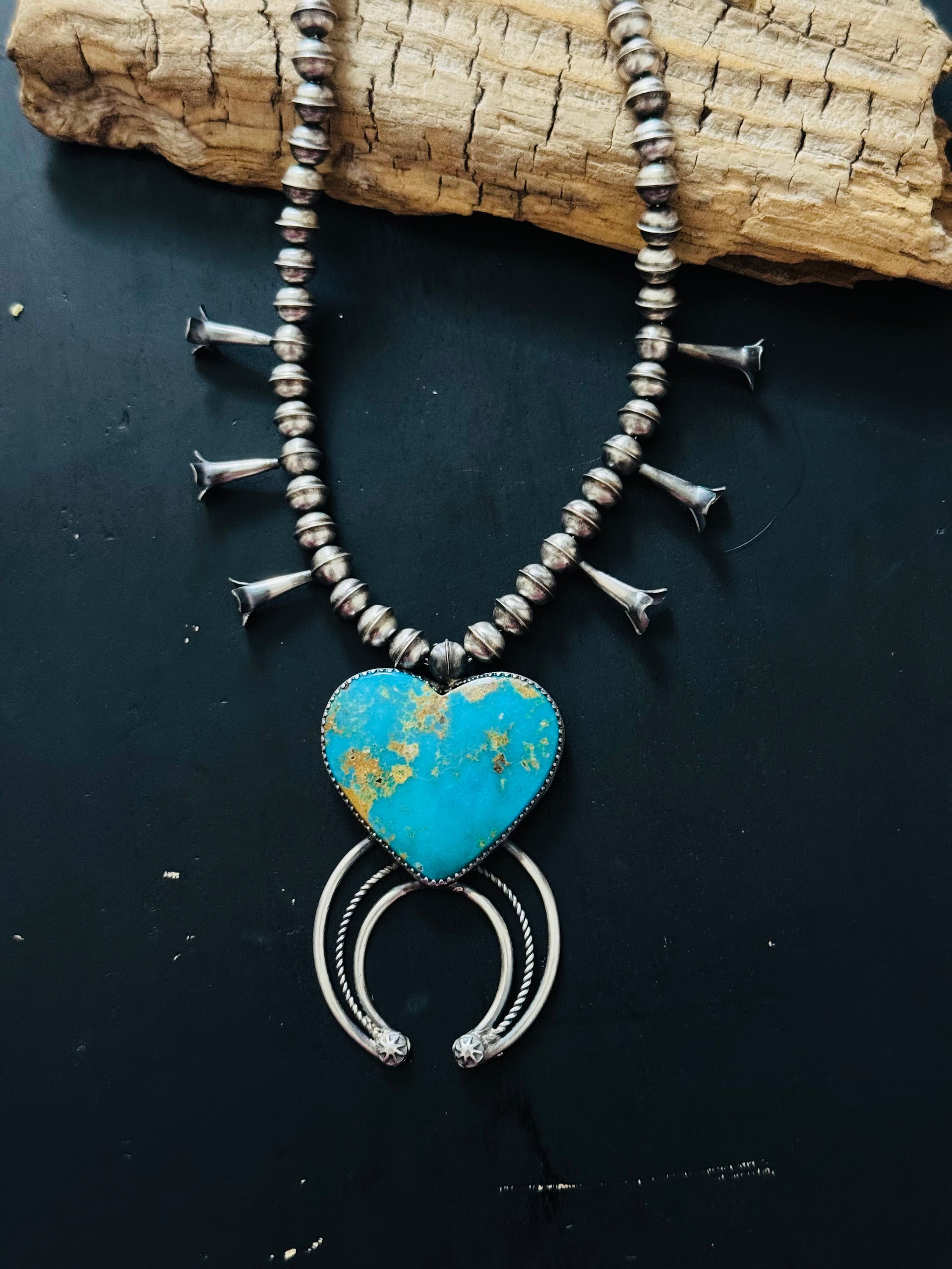 Navajo Made Campitos Turquoise & Sterling Silver Squash Blossom Necklace